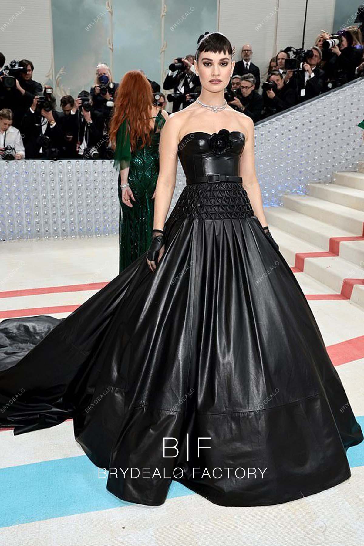 Lily James 2023 Met Gala Black Leather Corset Long Train Ball Gown Lily James 2023 Met Gala Black Leather Corset Long Train Ball Gown