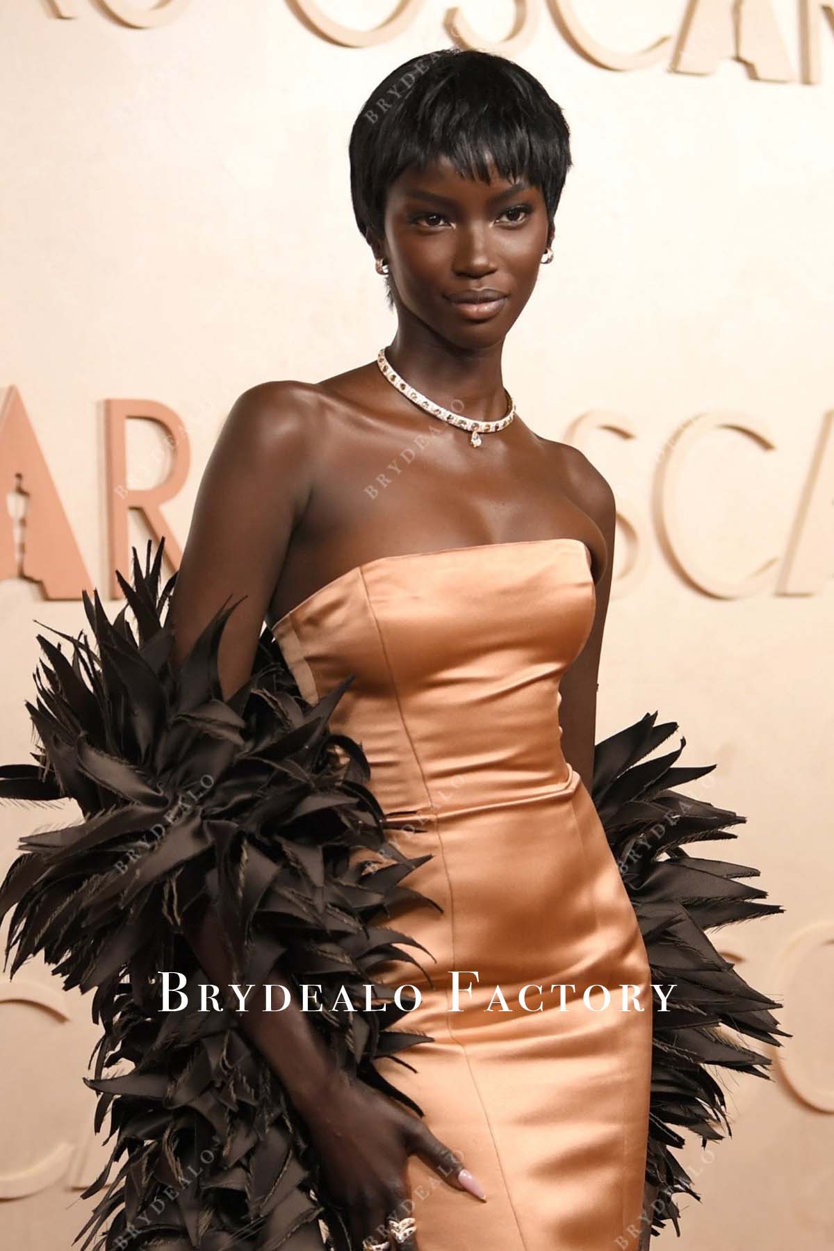 2025 Oscars red carpet Anok Yai straight across neck dress