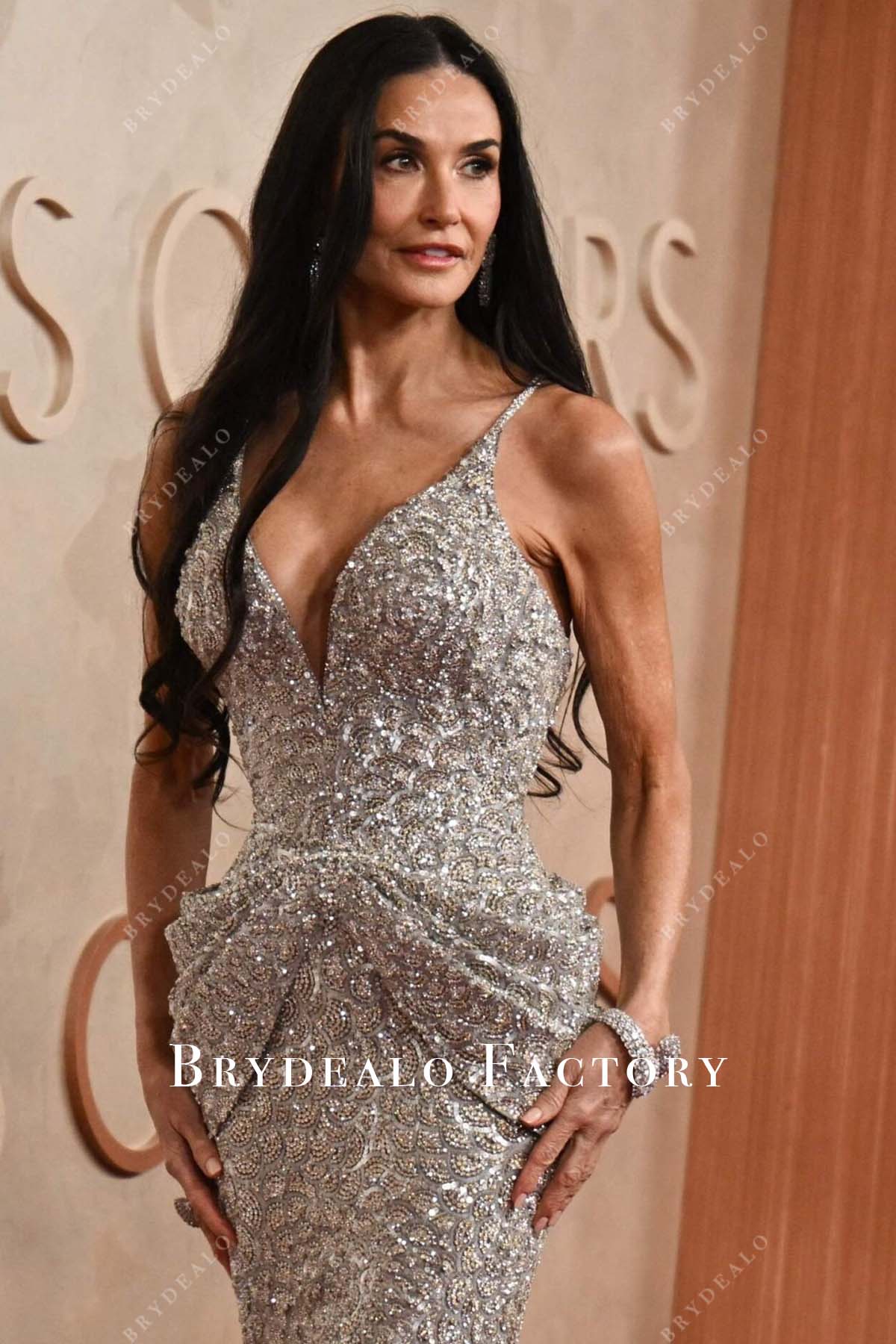 2025 Oscars red carpet dress Demi Moore v neck dress