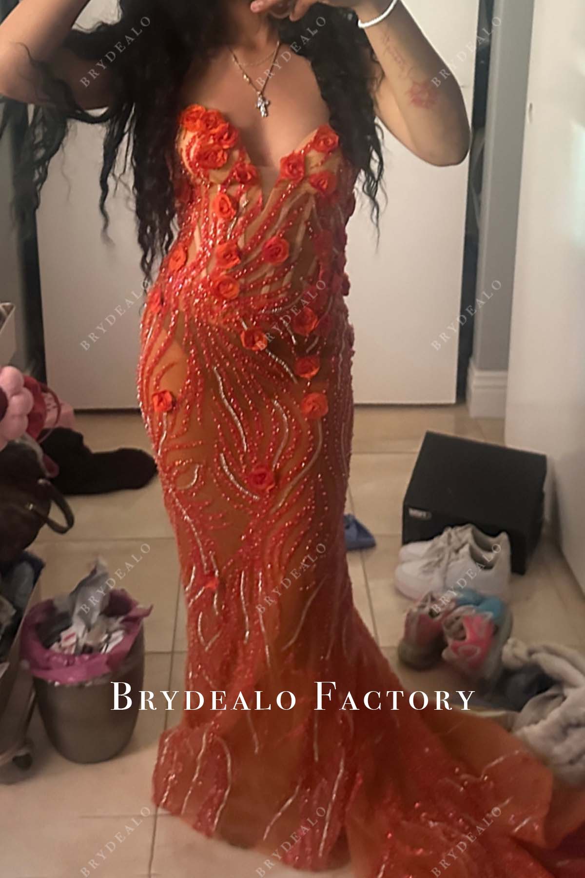 3D florals shiny mermaid prom dress