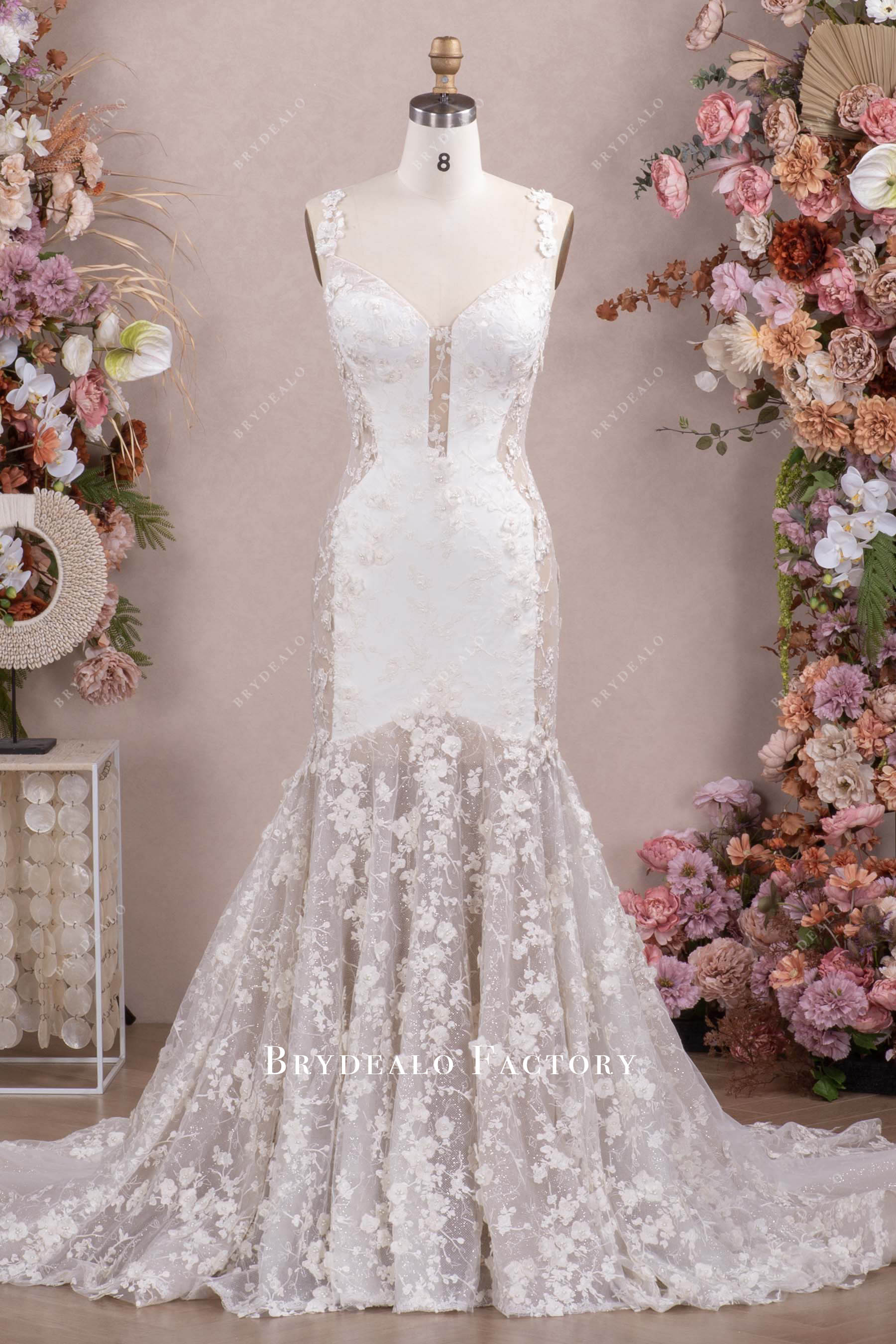 3D Flower Thin Straps Lace Long Mermaid Wedding Dress 3D Flower Thin Straps Lace Long Mermaid Wedding Dress