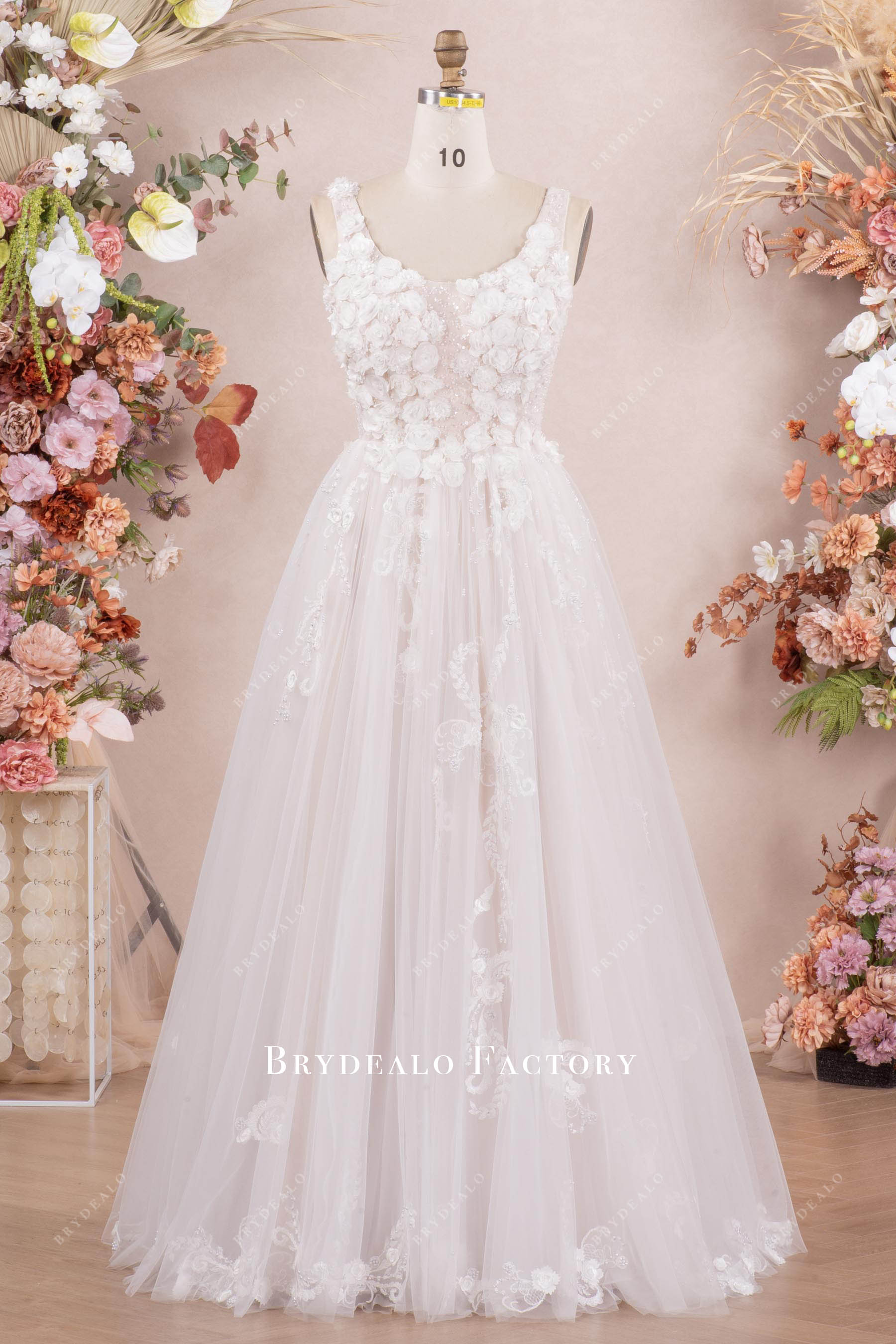 Designer 3D Flowers Scoop Neck Floor Length Spring Fall Wedding Dress, White Designer 3D Flowers Scoop Neck Floor Length Spring Fall Wedding Dress, White