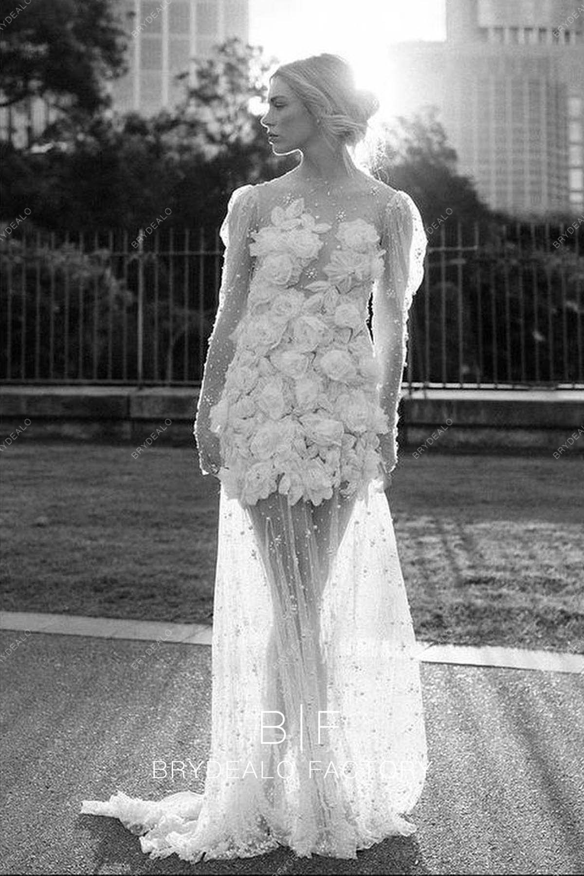 Designer Flowers Pearls Long Sleeve Beach Fit and Flare Bridal Dress