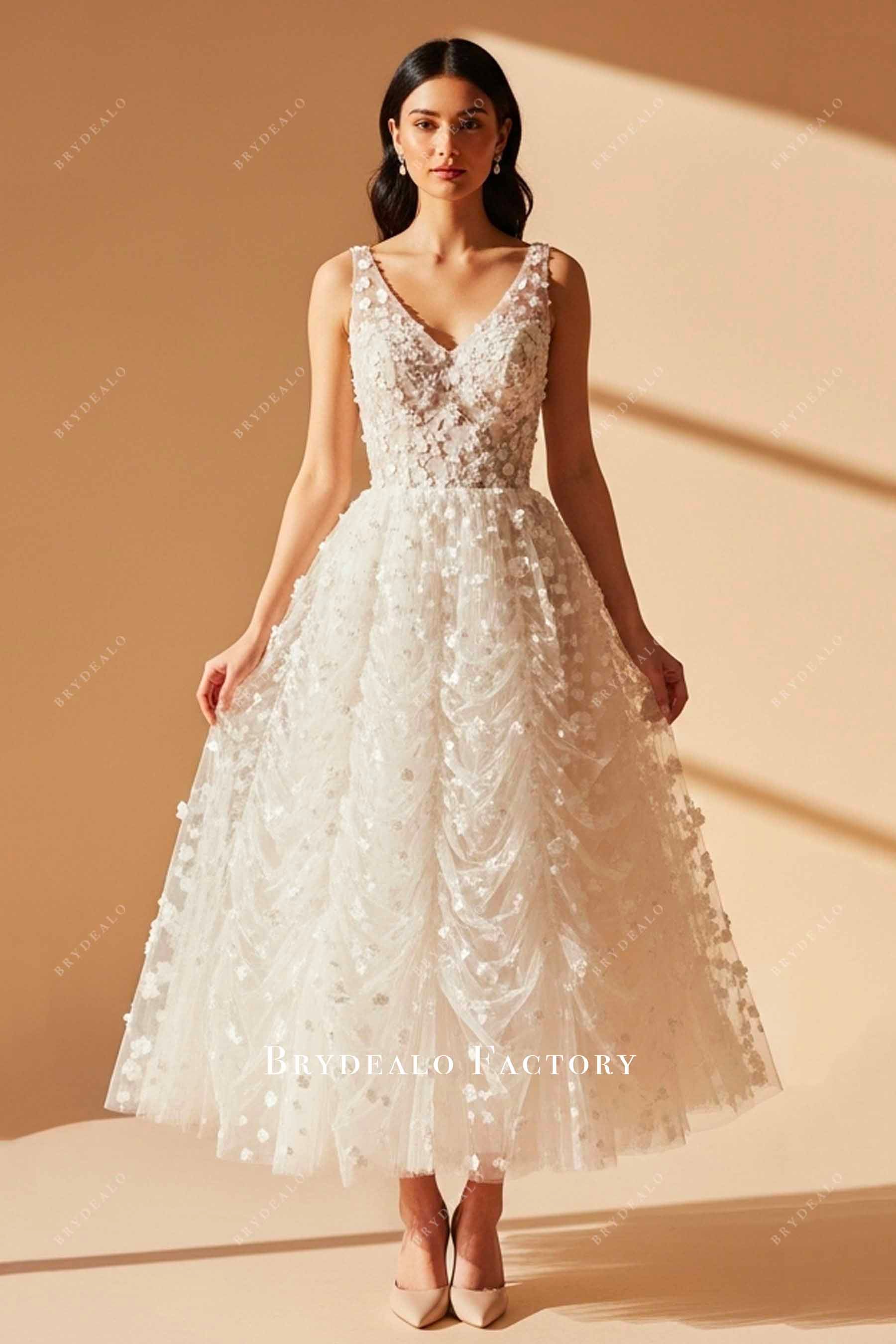 navy blue dress for baby girl Off-Shoulder Elegant Wedding Dress A-Line 3/4 Sleeve Applique Tea-Length  Crystal main image 1