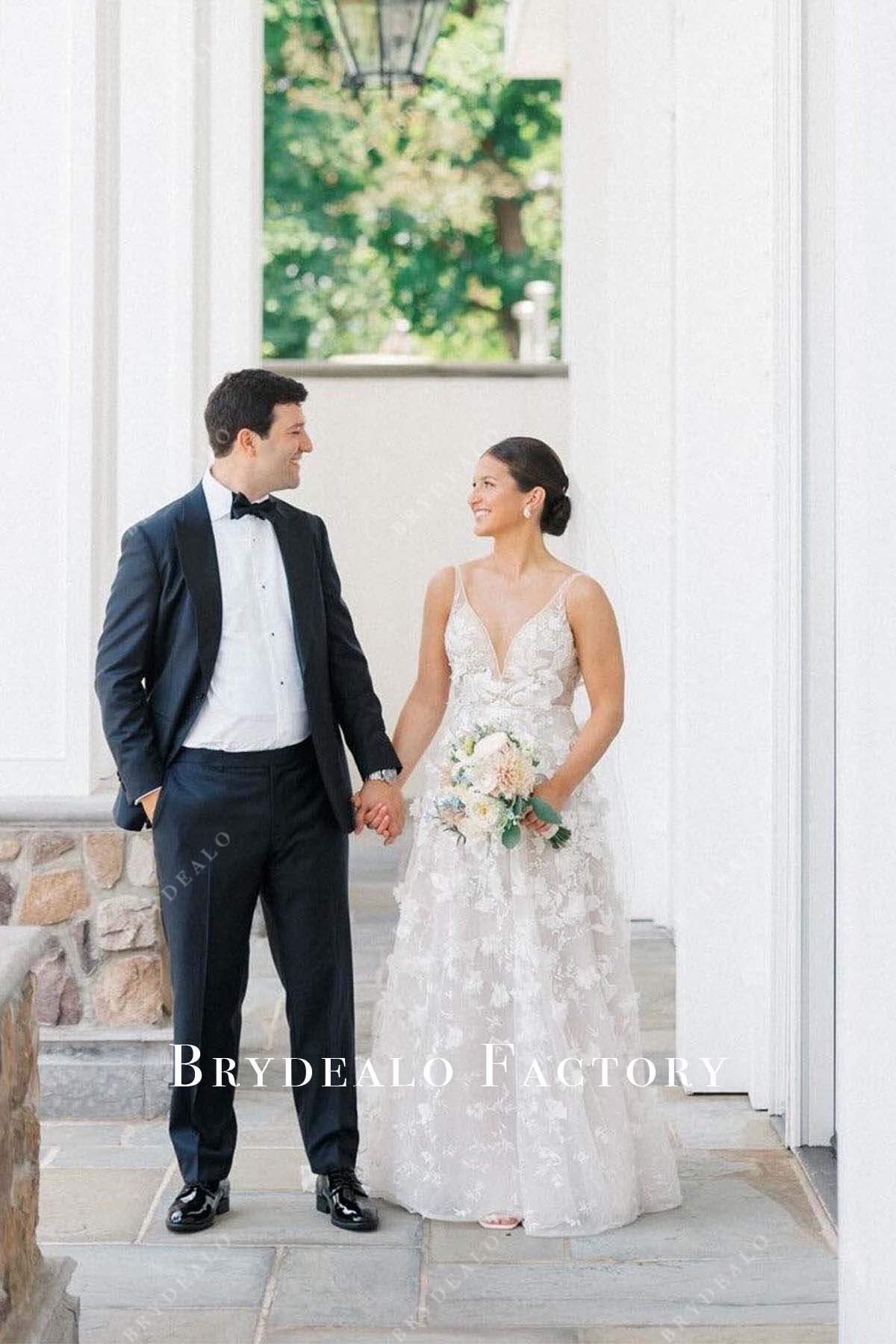 Wedding Dress | 3D Lace Plunging Neck A-Line Court Train Bridal Gown Wedding Dress | 3D Lace Plunging Neck A-Line Court Train Bridal Gown