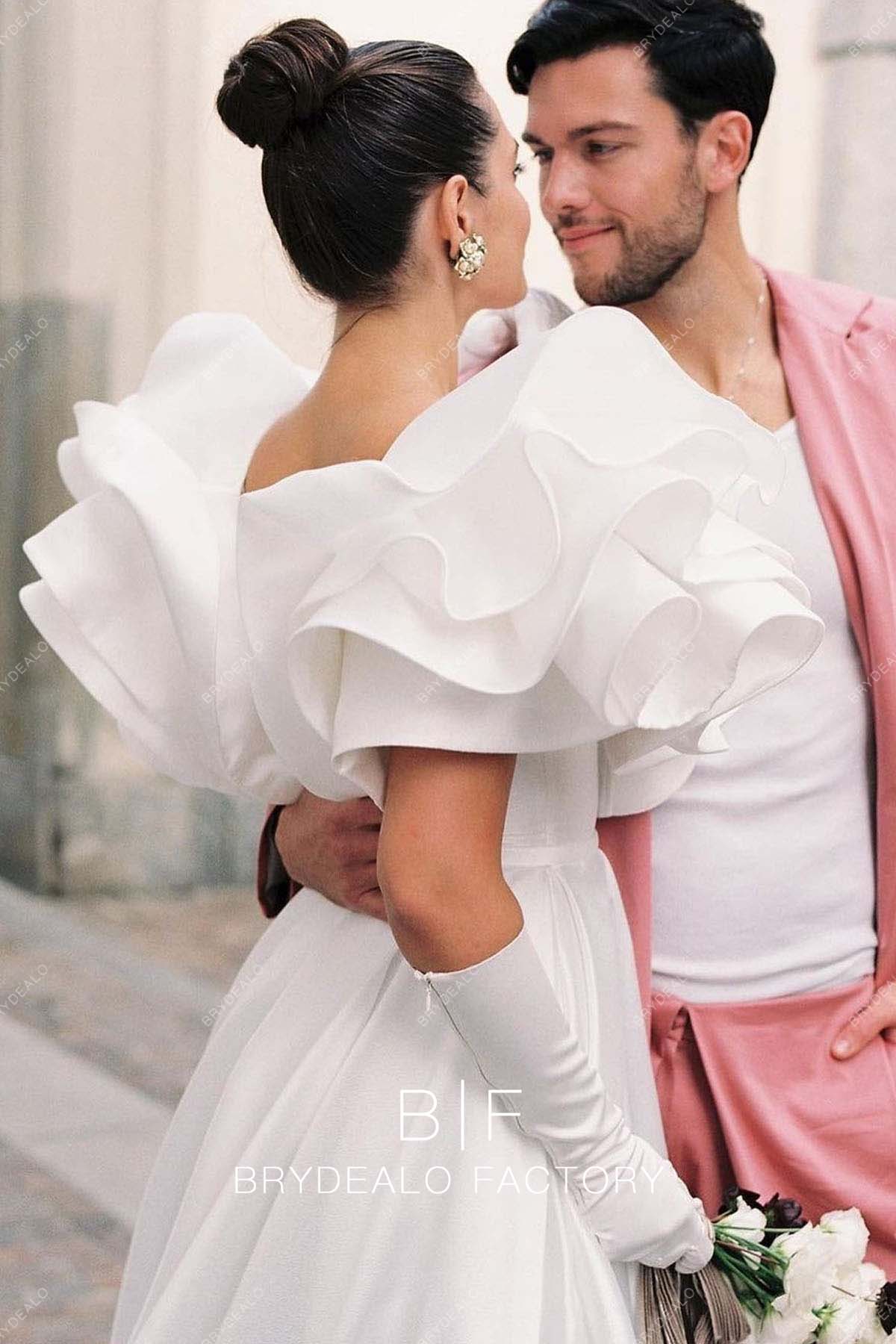 Designer Satin Layered Sleeves Wedding Dress