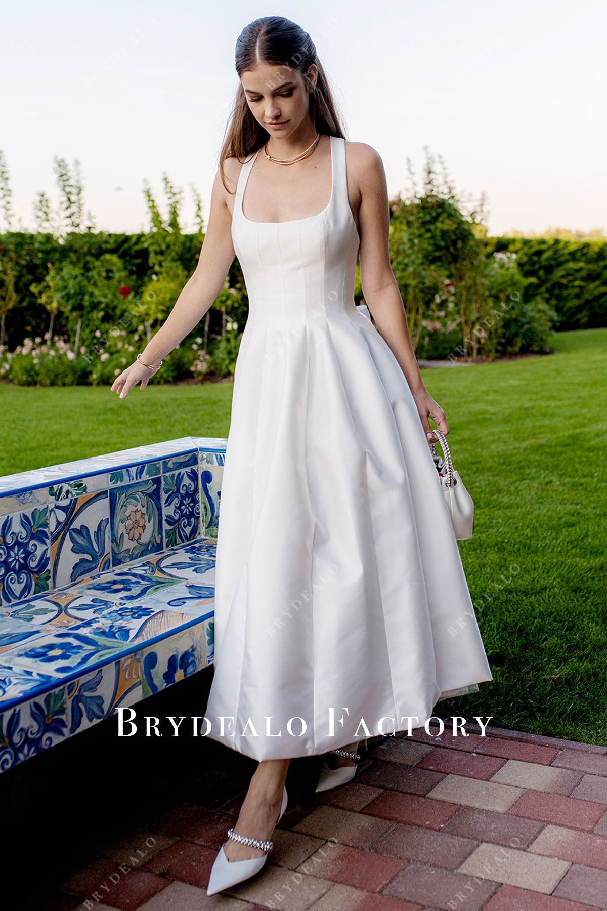 Barbara Palvin Satin Sleeveless Ankle Length Wedding Reception Dress, Ivory Barbara Palvin Satin Sleeveless Ankle Length Wedding Reception Dress, Ivory