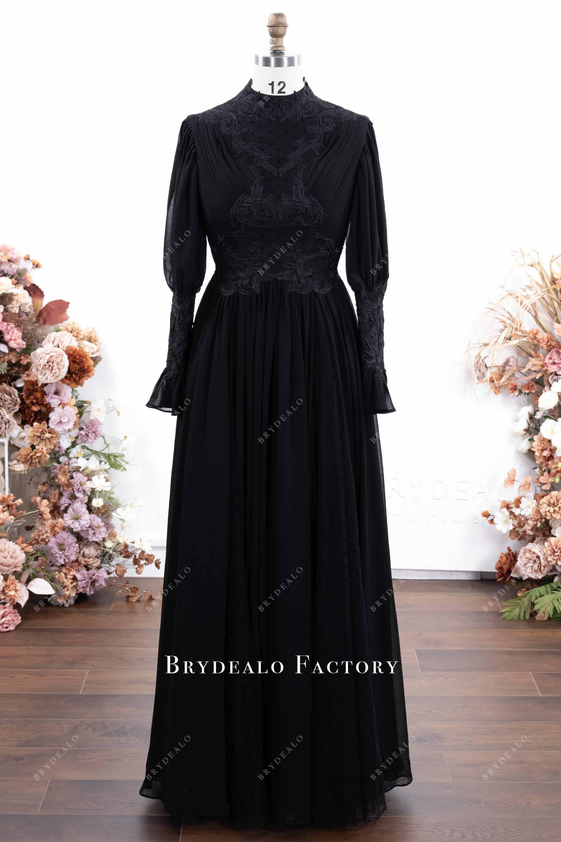 Black Chiffon Lace Applique Long Sleeves Floor Length Formal Gown