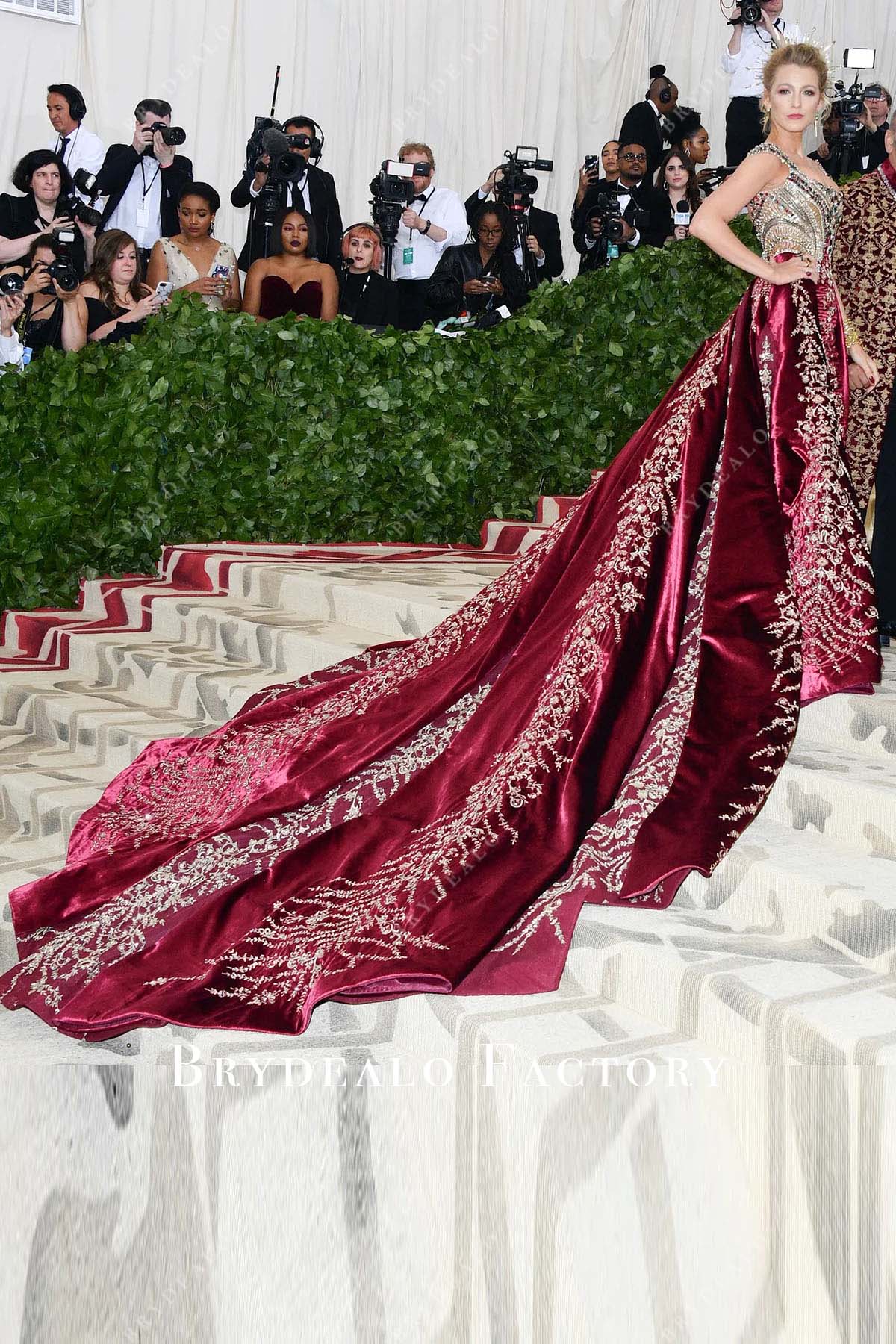 Blake Lively Burgundy Dazzling Long Train 2018 Met Gala Dress