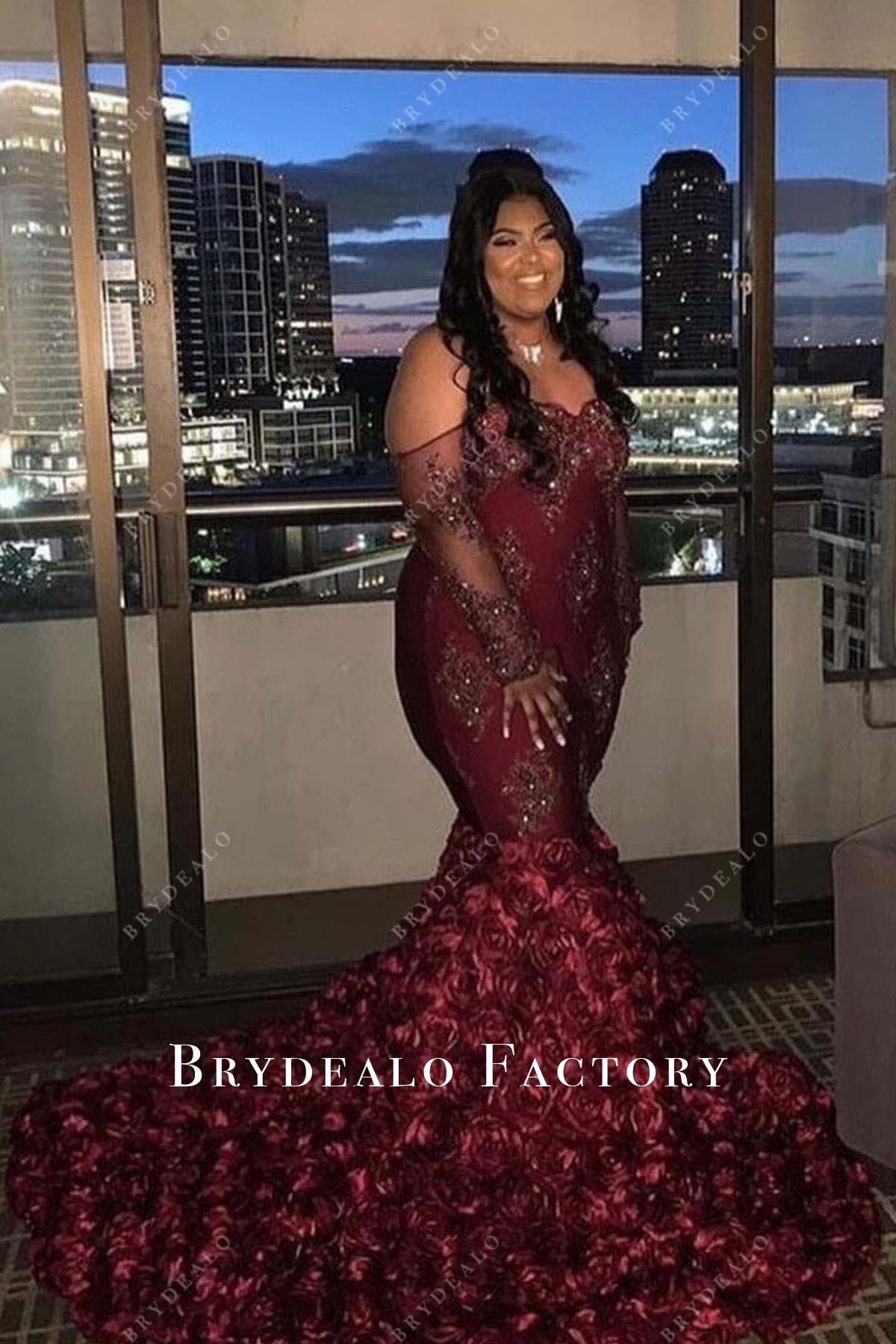 Burgundy Off Shoulder 3D Roses Trumpet Plus Size Prom Dress