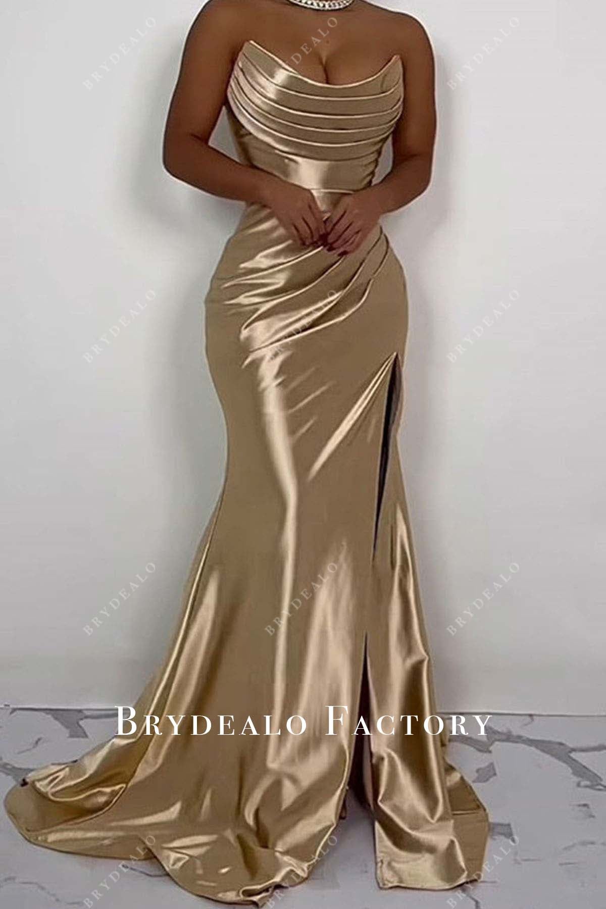 Champagne Strapless Fit And Flare Slit Prom Dress