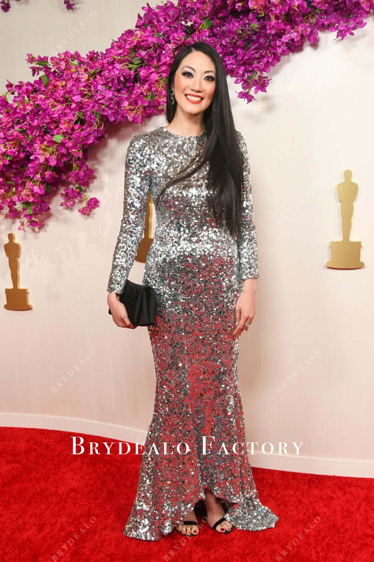 Clara Wong 2024 Oscars Silver Sequin Red Carpet Mermaid Dress