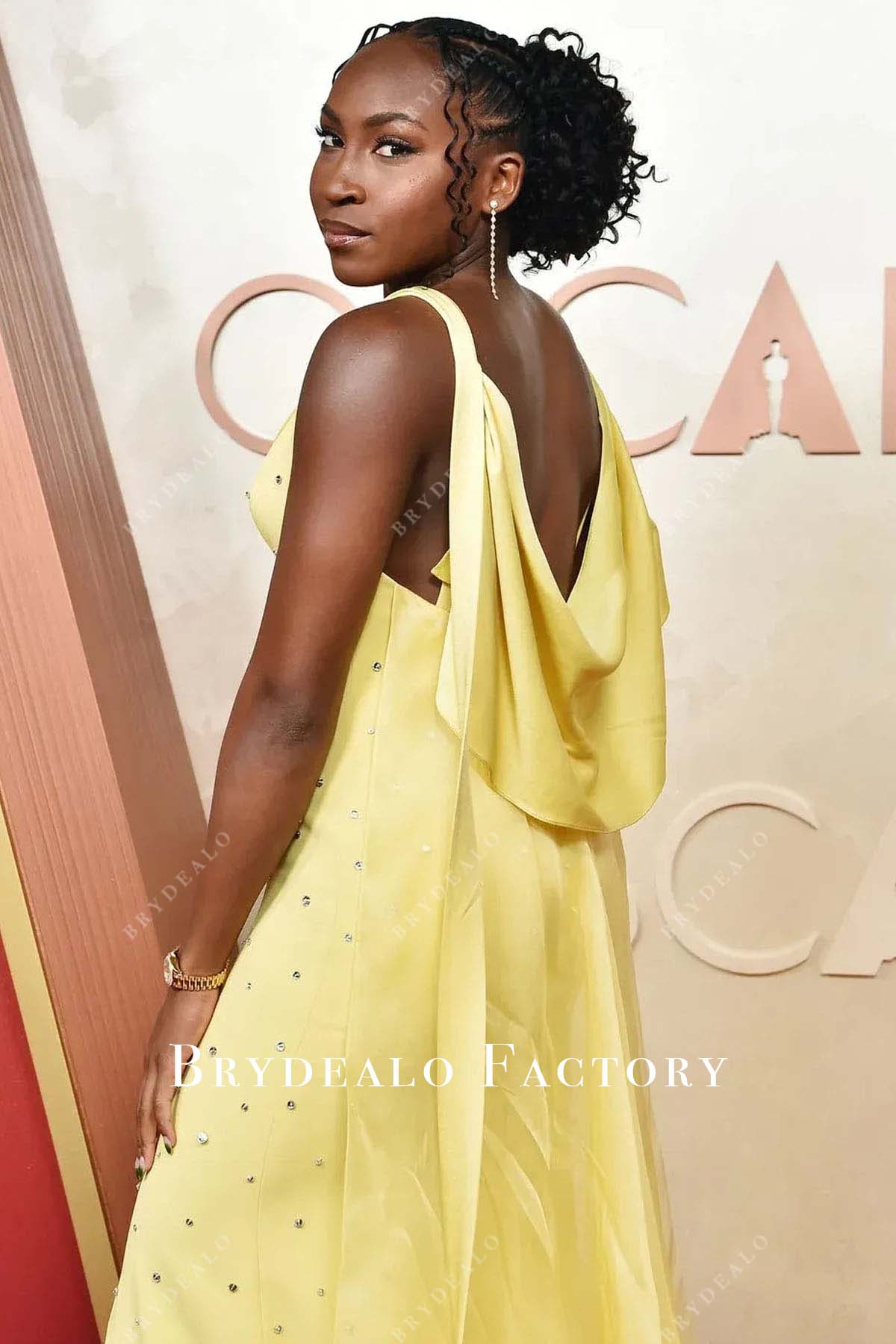 Coco Gauff cowl back dress 2025 Oscars red carpet