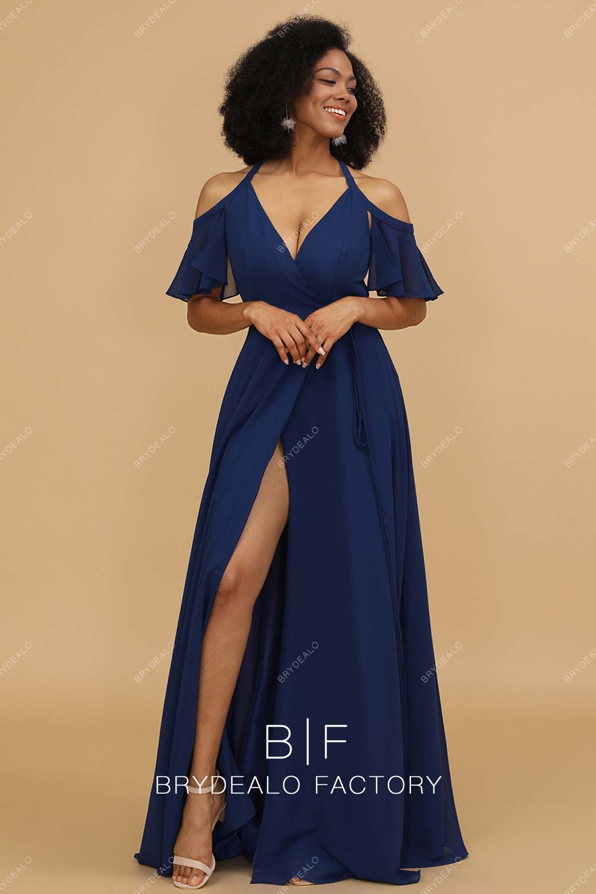 blue dress for baby girl Graceful Navy Blue Chiffon Cold Shoulder V-Neck Long Bridesmaid Dress