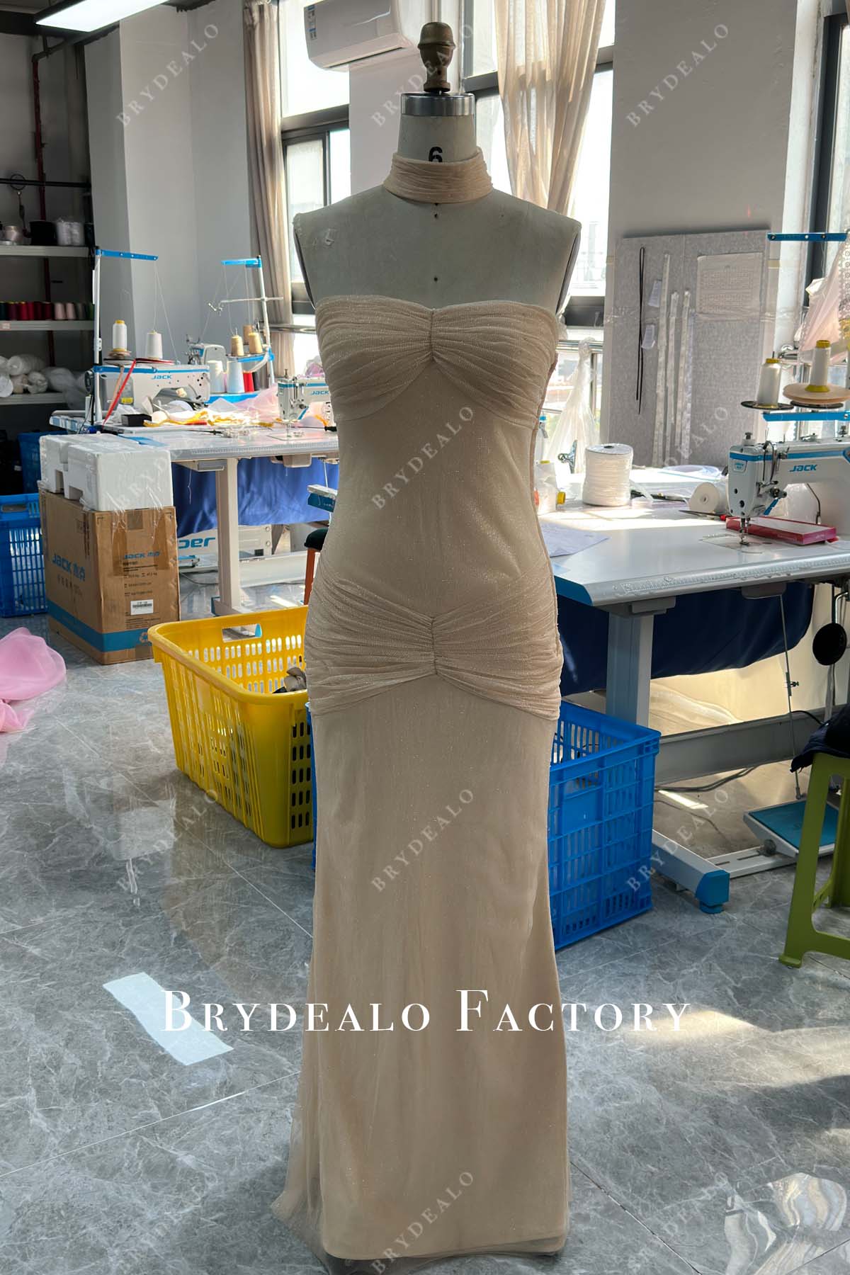 Custom Glitter Apricot Choker Neck Floor Length Prom Dress