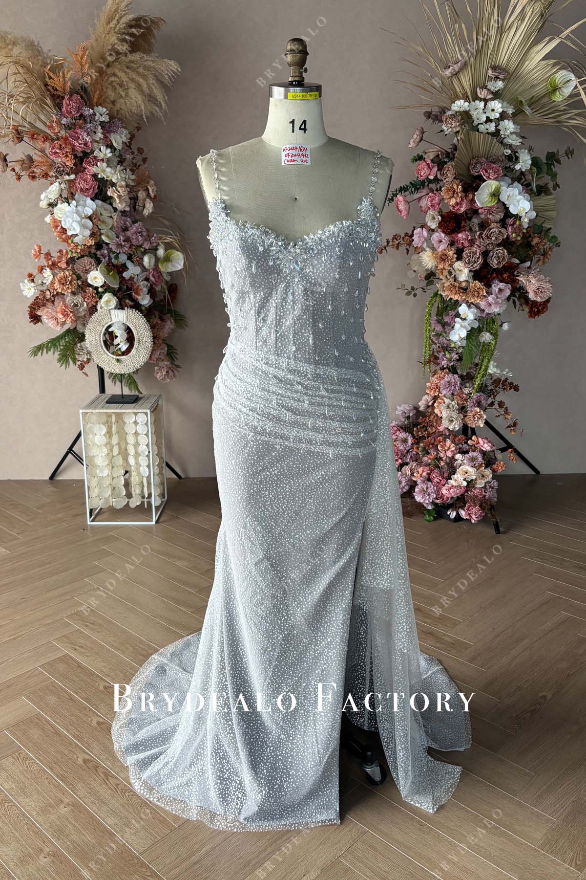 Custom Glitter Crystal Strap Slit Mermaid Prom Dress