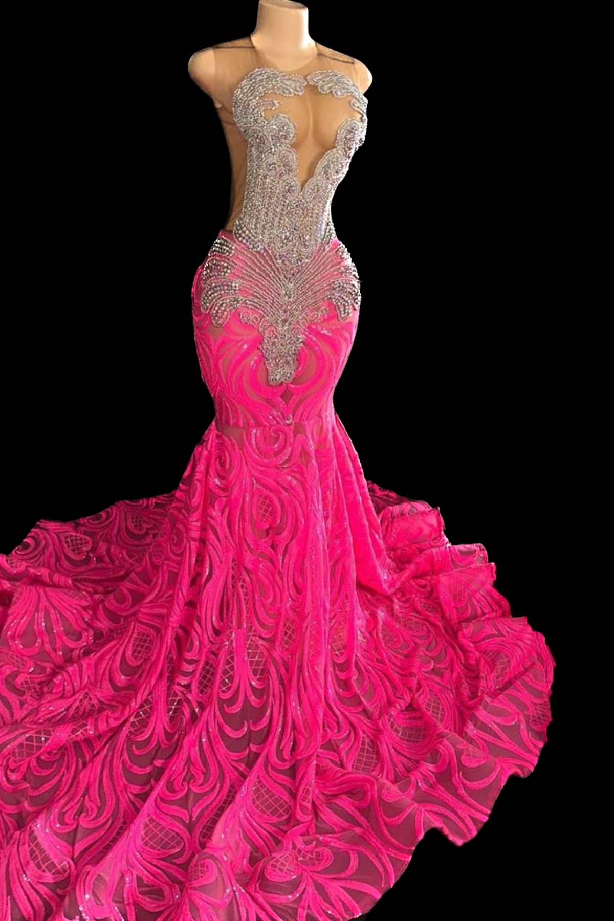 Custom Rhinestones Halter Fuchsia Sequin Mermaid Prom Dress