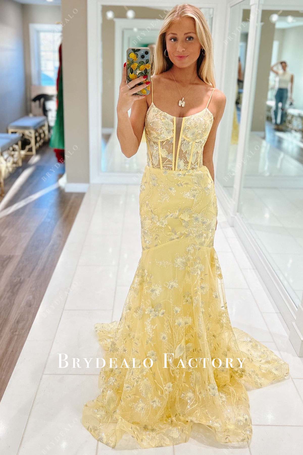 Daffodil Lace Thin Straps Corset Trumpet Prom Dress Daffodil Lace Thin Straps Corset Trumpet Prom Dress