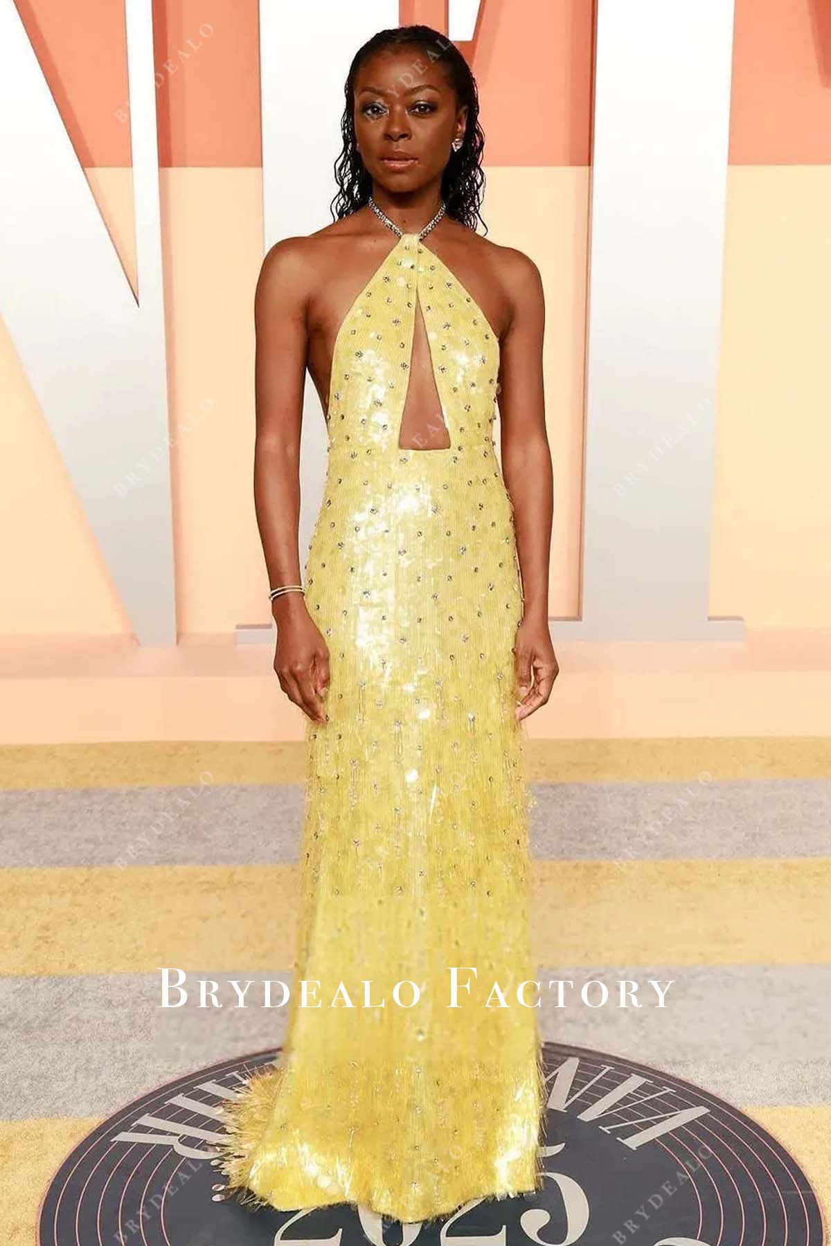 Danielle Deadwyler bright gold sequin 2025 Vanity fair party dress