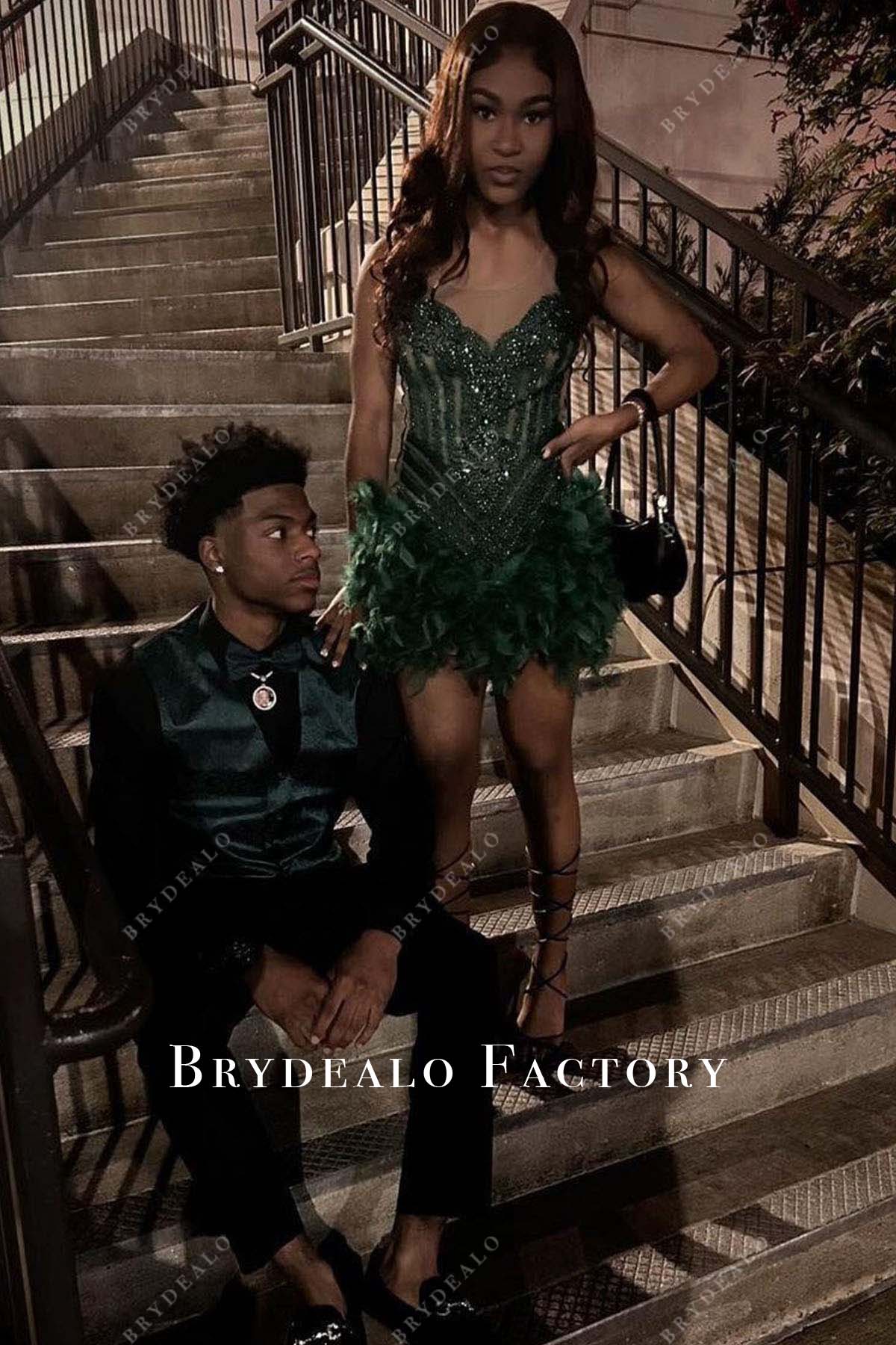 Dark Green Rhinestones Feathered Mini Prom Dress Dark Green Rhinestones Feathered Mini Prom Dress