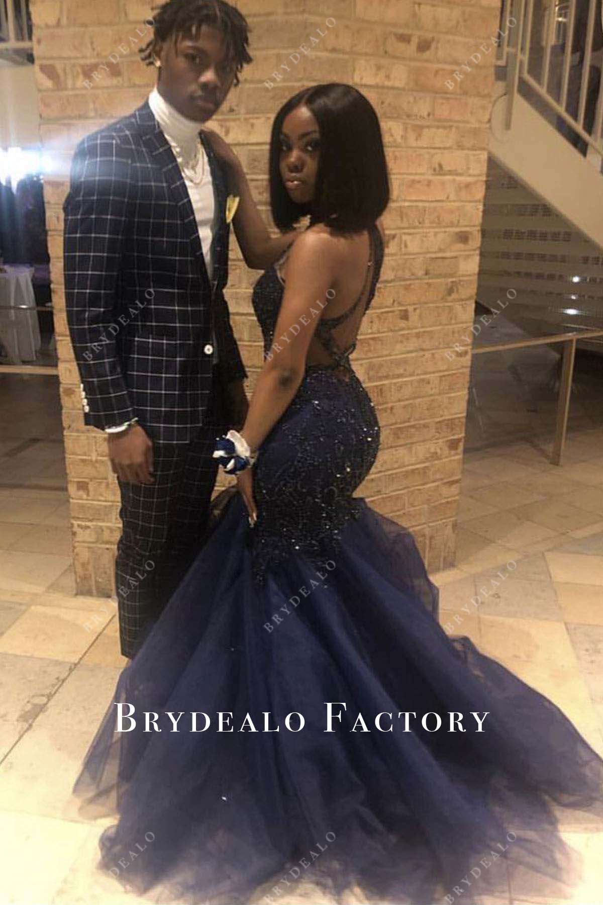 Dark Navy Lace Sequined Trumpet Court Train Prom Dress Dark Navy Lace Sequined Trumpet Court Train Prom Dress