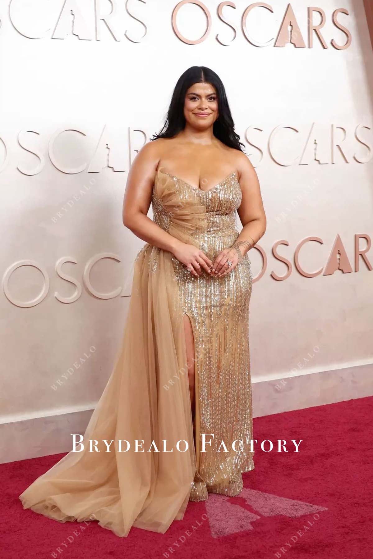 Drew Afualo warm beige 2025 panel train Oscars red carpet dress