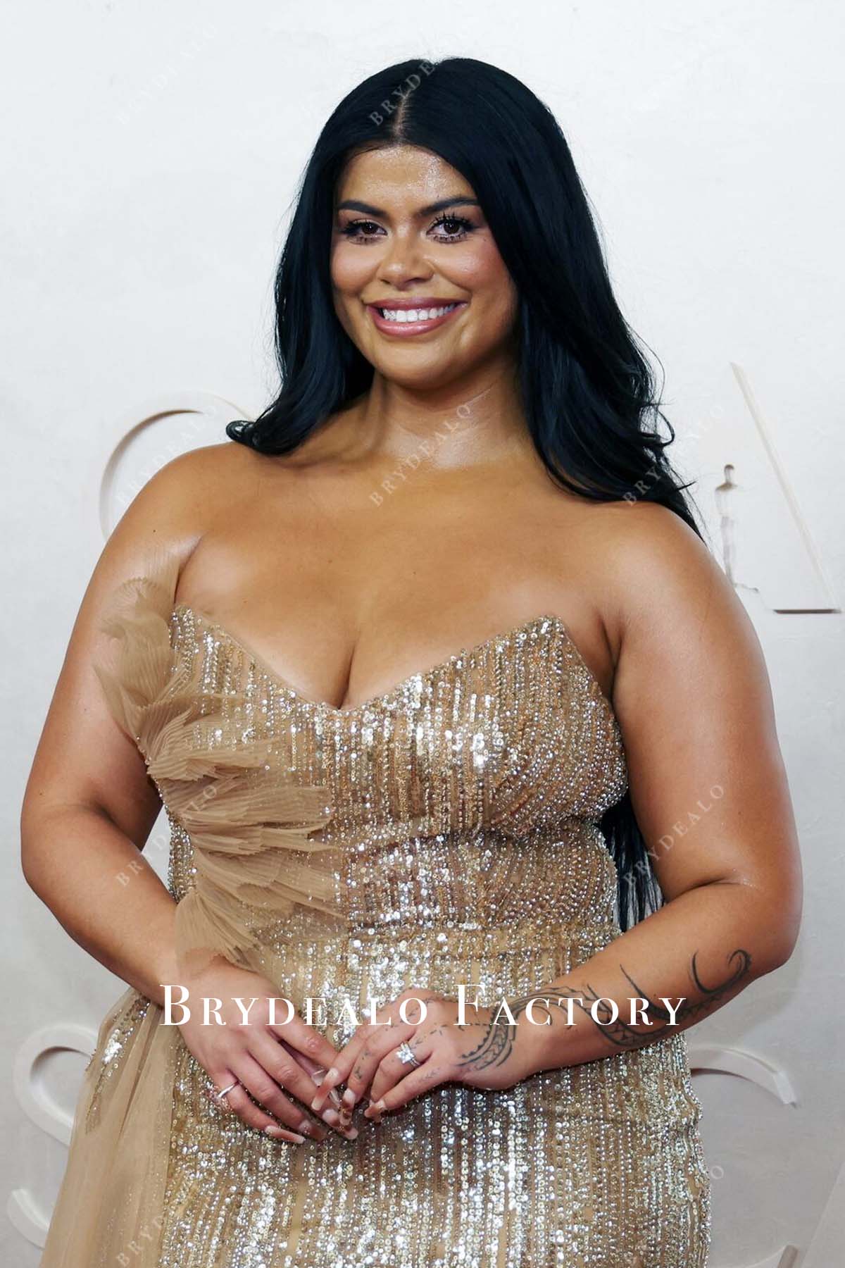 Drew Afualo warm beige 2025 strapless Oscars red carpet dress