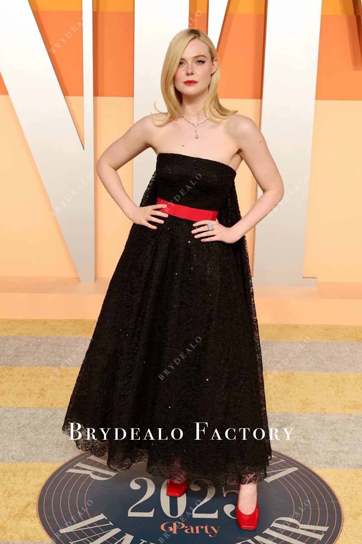 Elle Fanning 2025 Vanity Fair Party Black Lace Strapless Gown Elle Fanning 2025 Vanity Fair Party Black Lace Strapless Gown