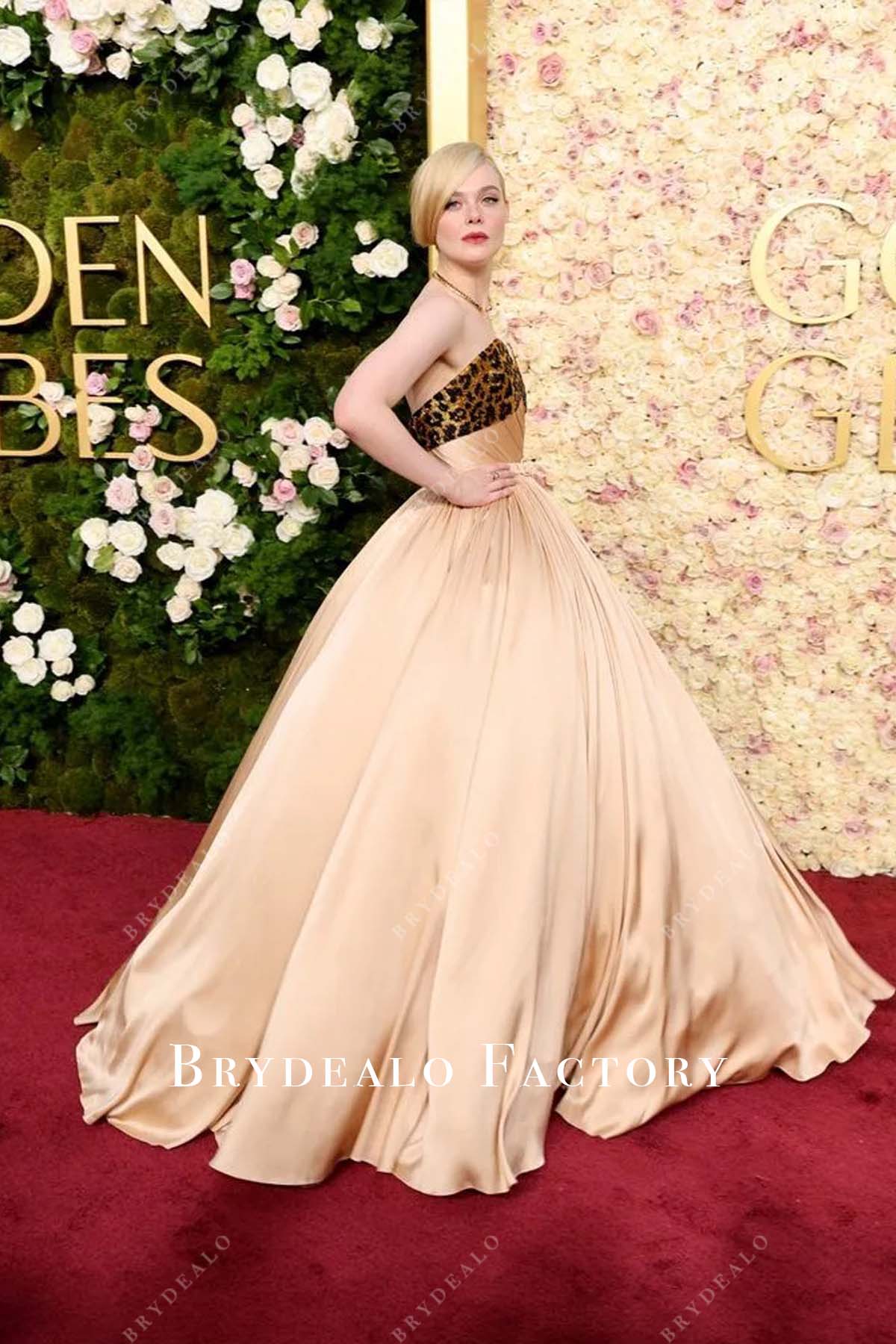 Elle Fanning pleated satin 2025 Golden Globes red carpet dress
