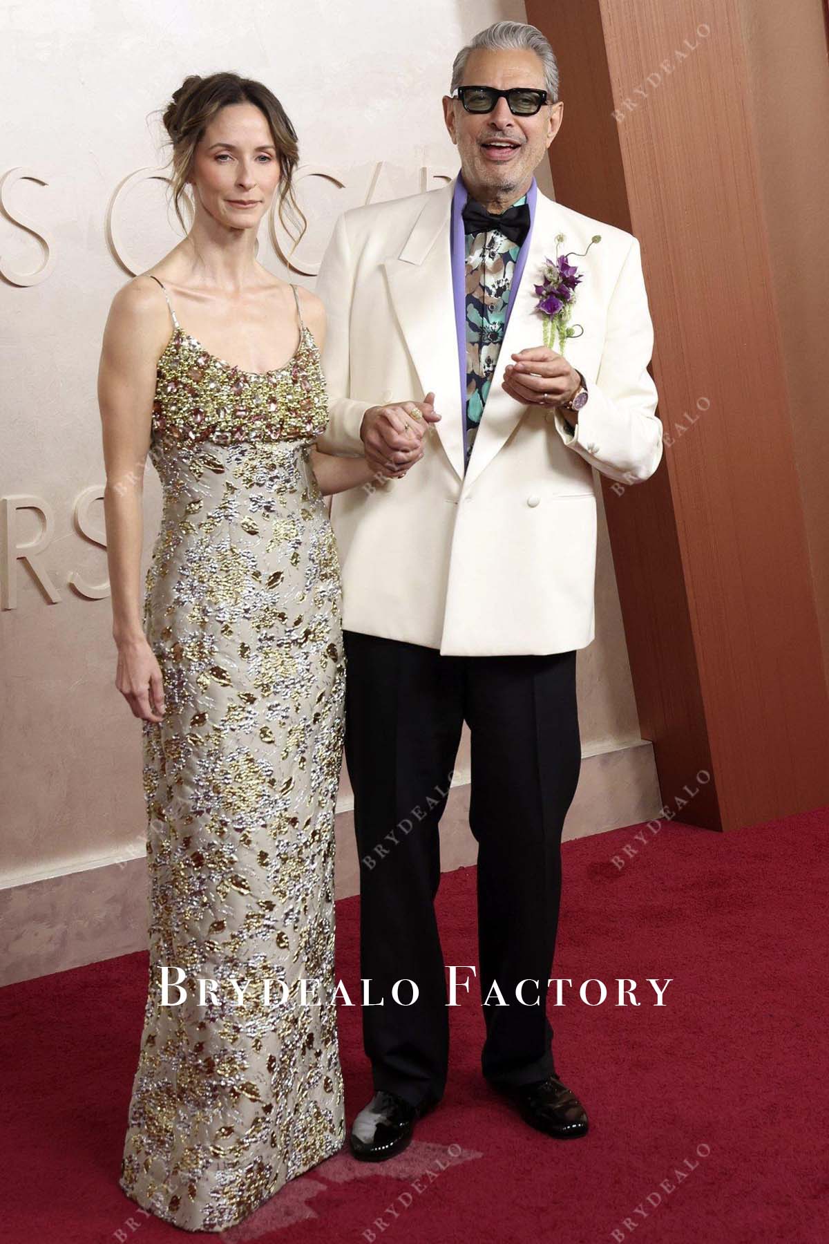 Emilie Livingston crystals taupe 2025 Oscars red carpet dress