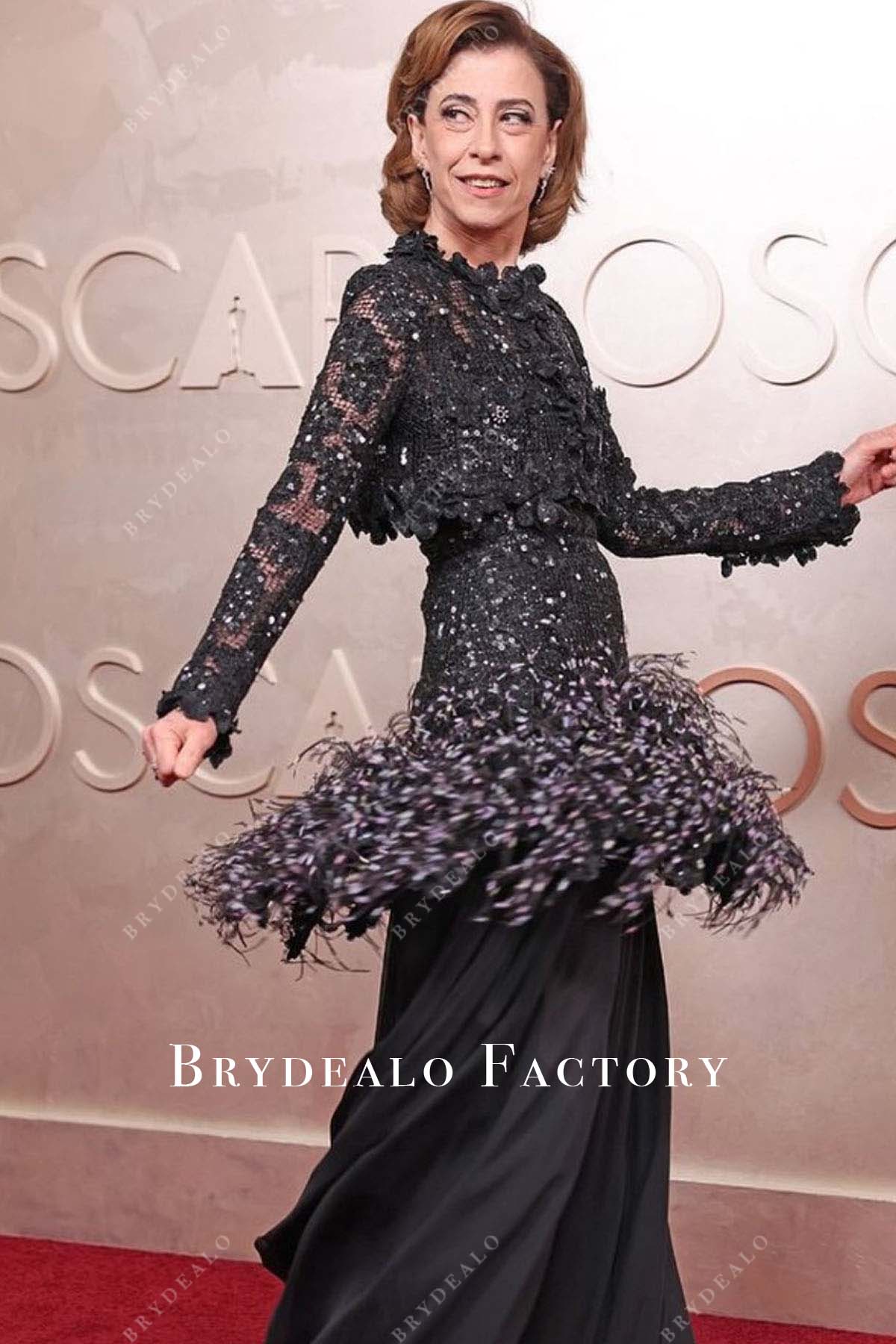 Fernanda Torres illusion sleeves 2025 Oscars red carpet dress