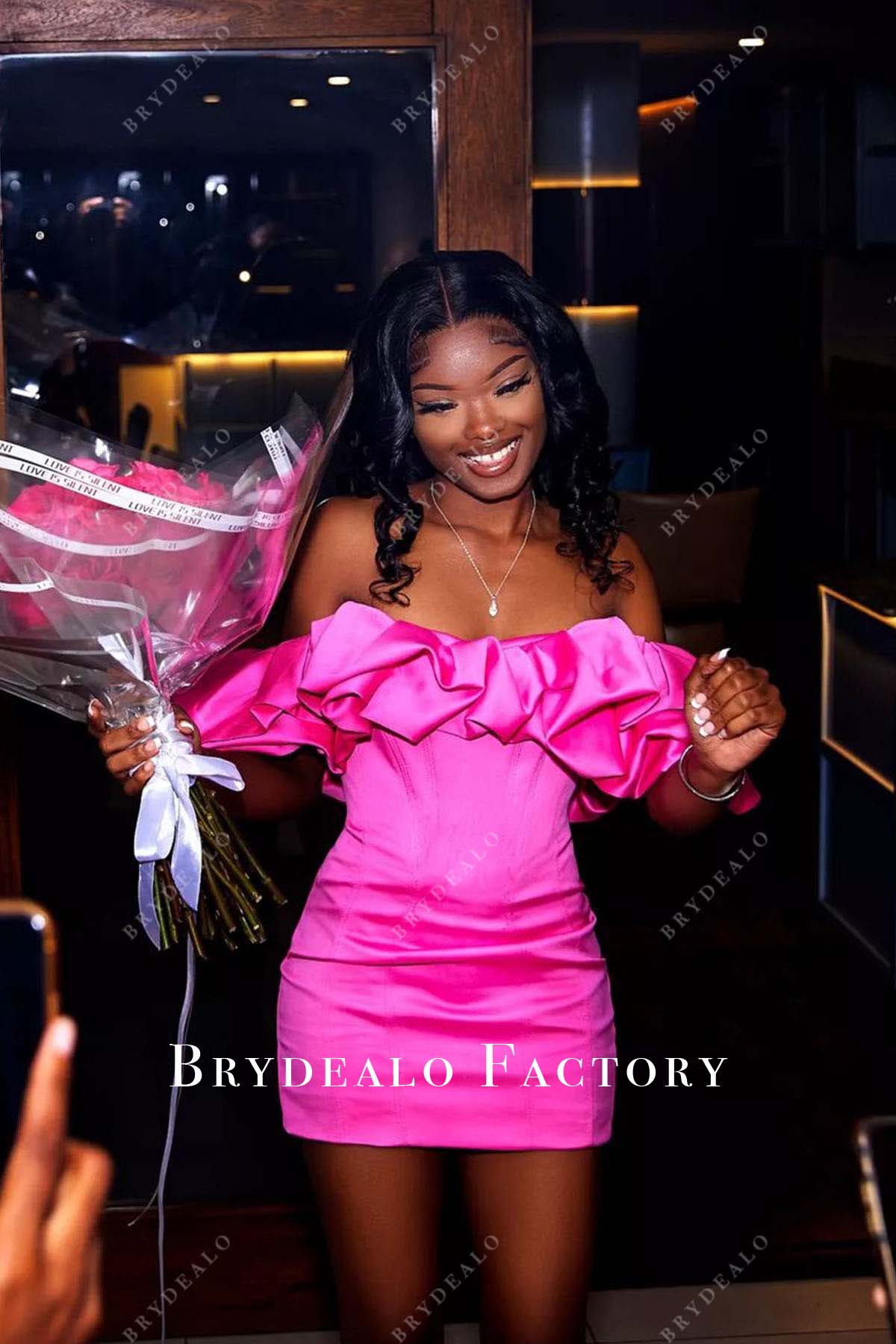 fuchsia off shoulder short prom dress