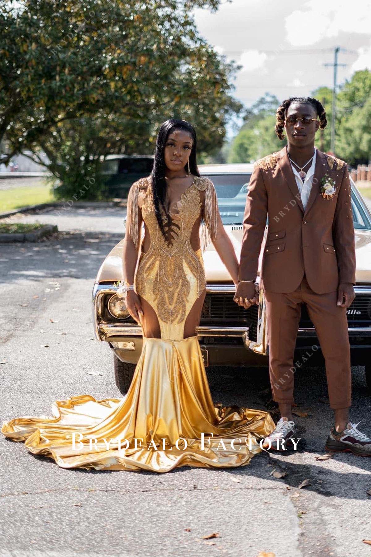 gold rhinestone tassels trumpet prom dress