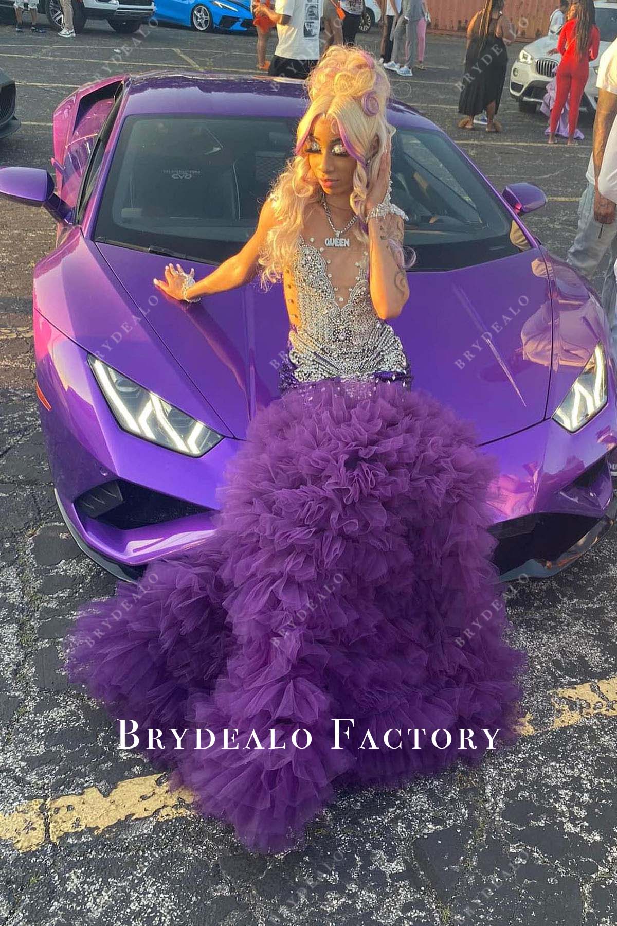 Grape Layered Tulle Rhinestones Sleeveless Prom Dress Grape Layered Tulle Rhinestones Sleeveless Prom Dress