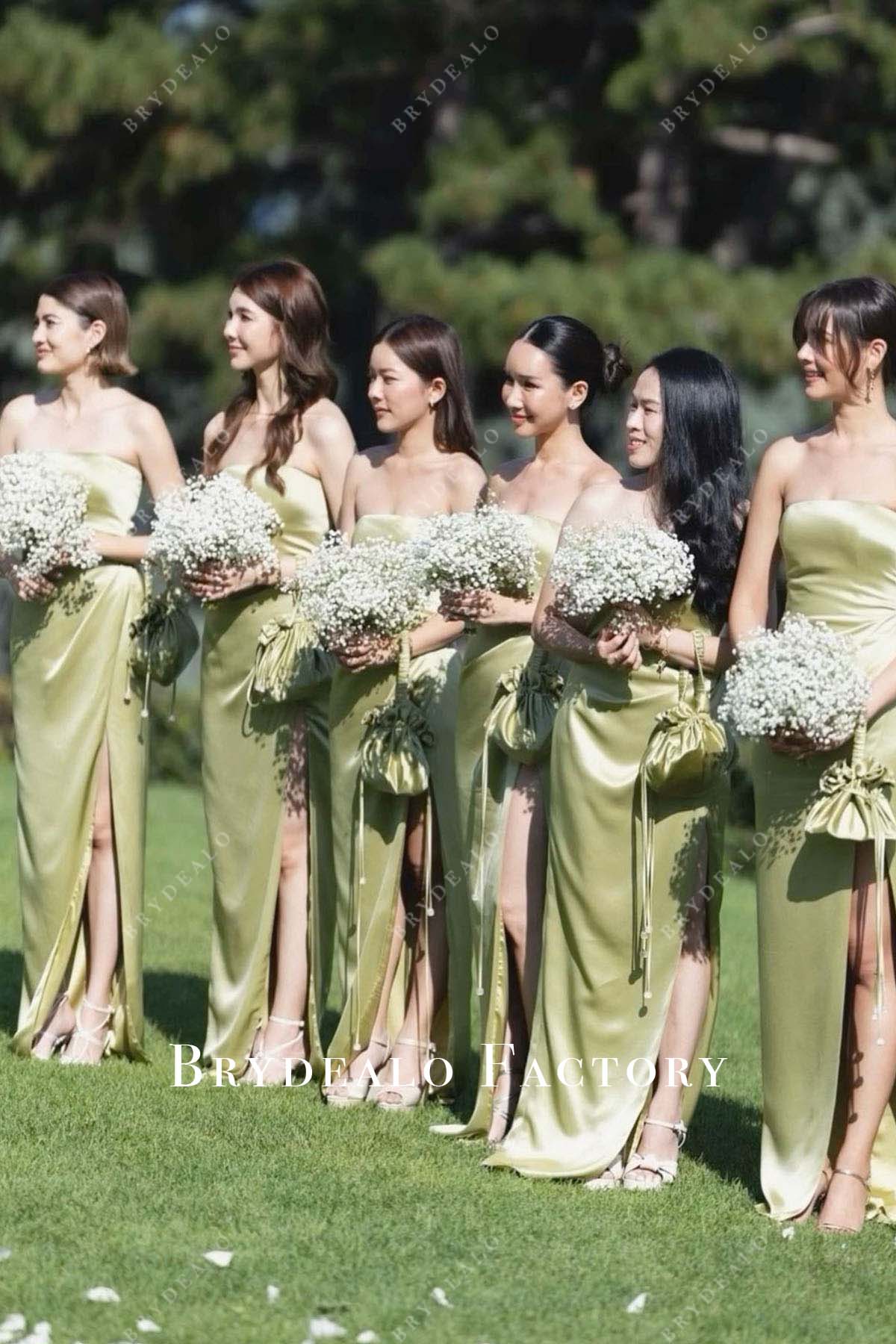 green emerald velvet dress Sage Charmeuse Strapless Floor Length Slit Bridesmaid Dress