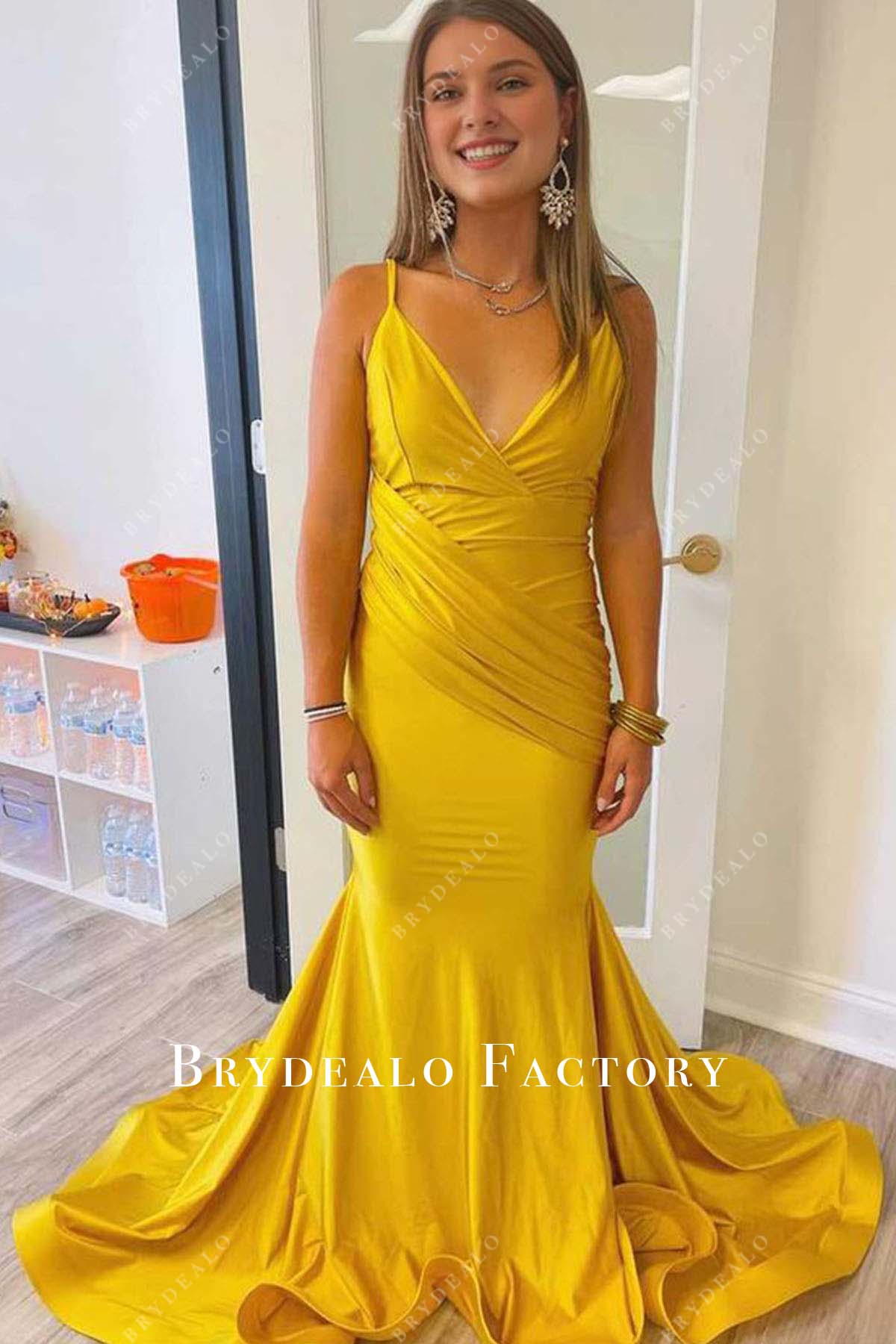 Honey Yellow Thin Straps Mermaid Long Train Prom Dress