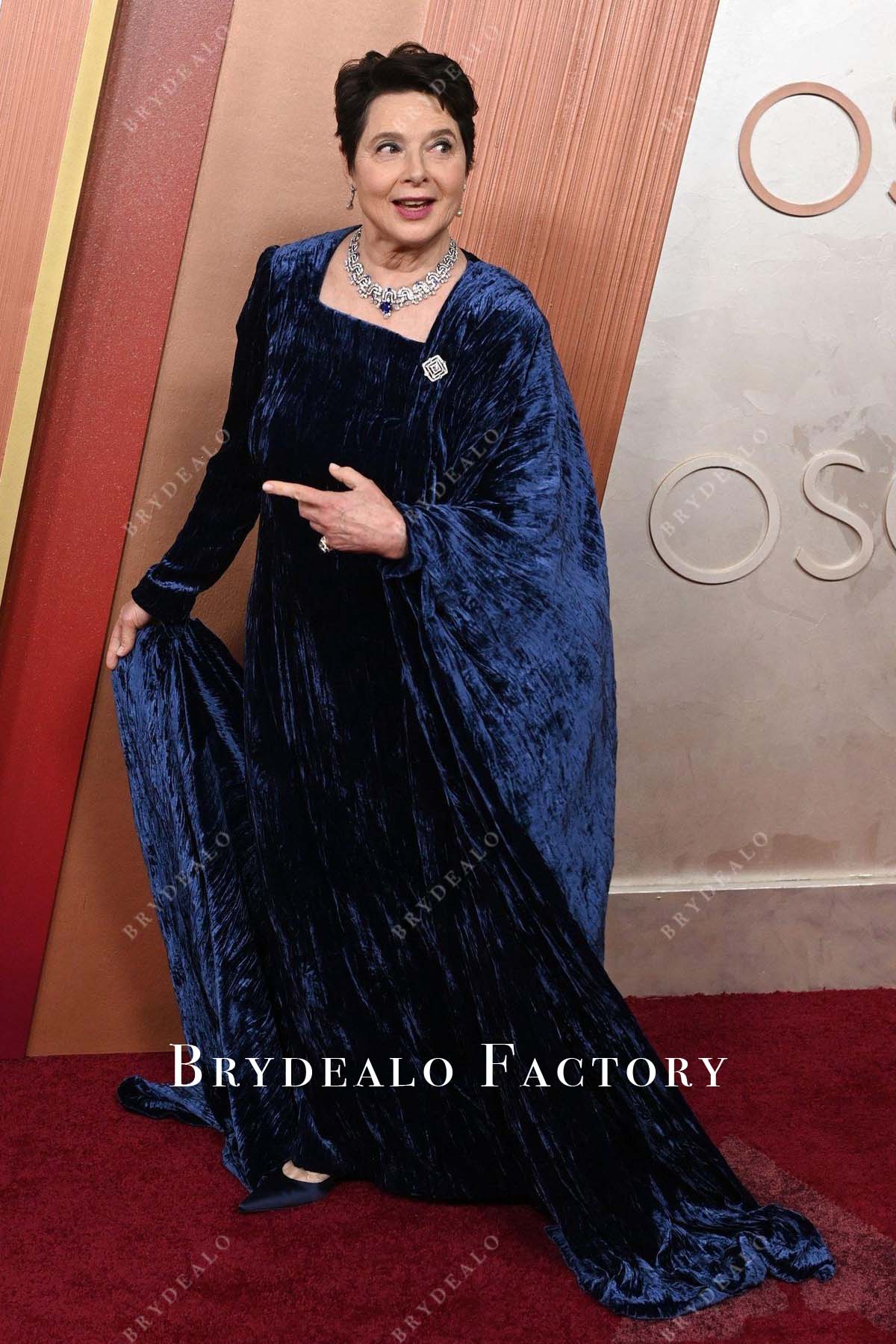 Isabella Rossellini dark navy 2025 Oscars red carpet prom dress