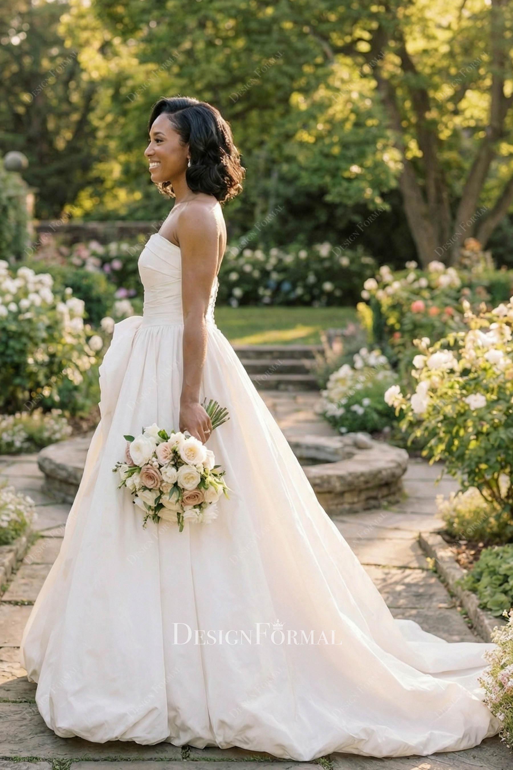 ivory taffeta strapless chapel train wedding dress