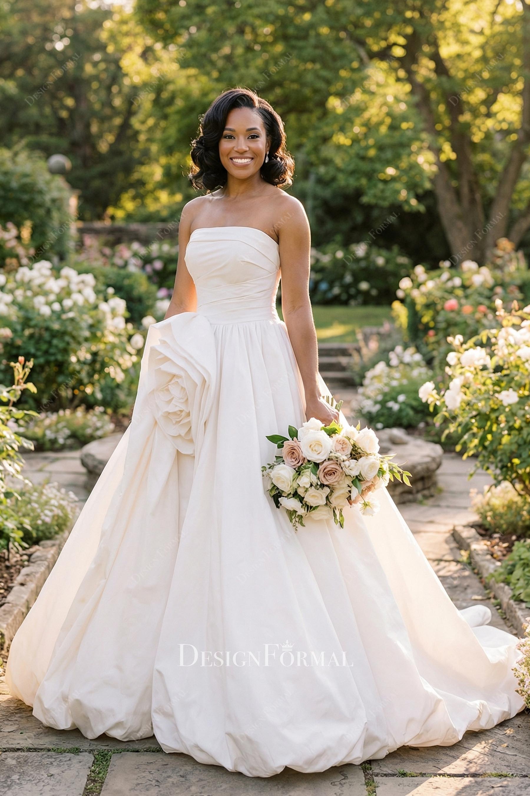 ivory taffeta strapless wedding dress