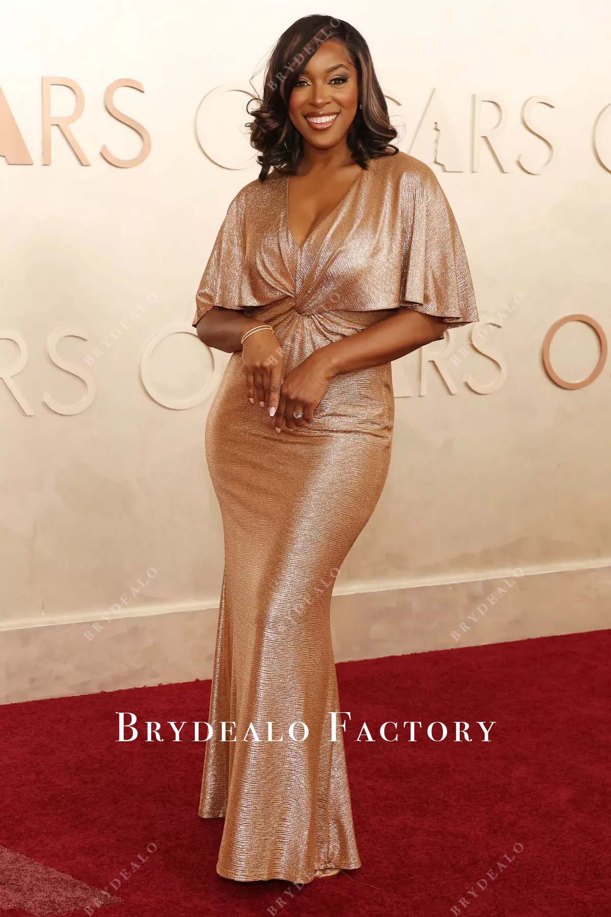 Janine Rubenstein rose gold 2025 v neck Oscars red carpet dress