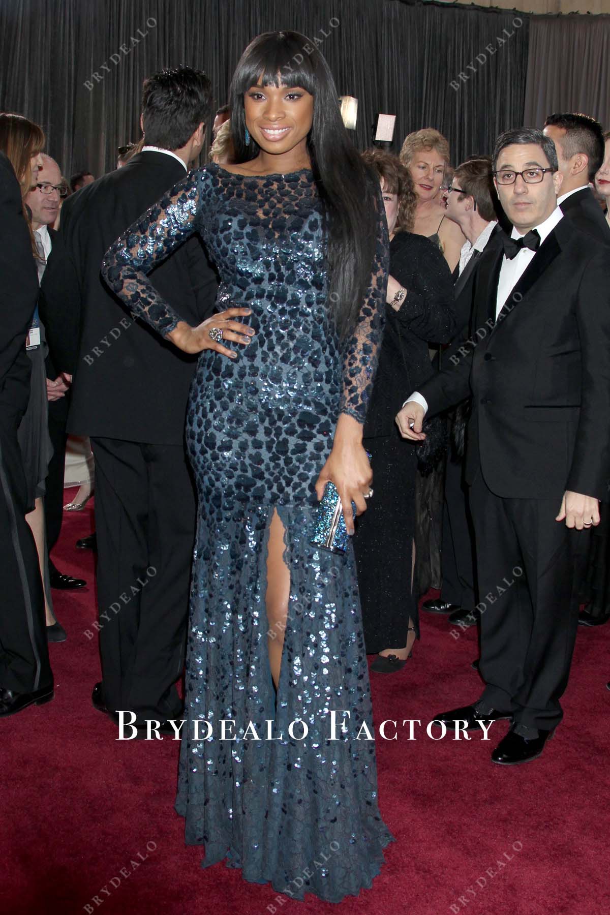 carla bruni versace blue dress Jennifer Hudson Sparkly Navy Mermaid Celebrity Dress Oscars 2013