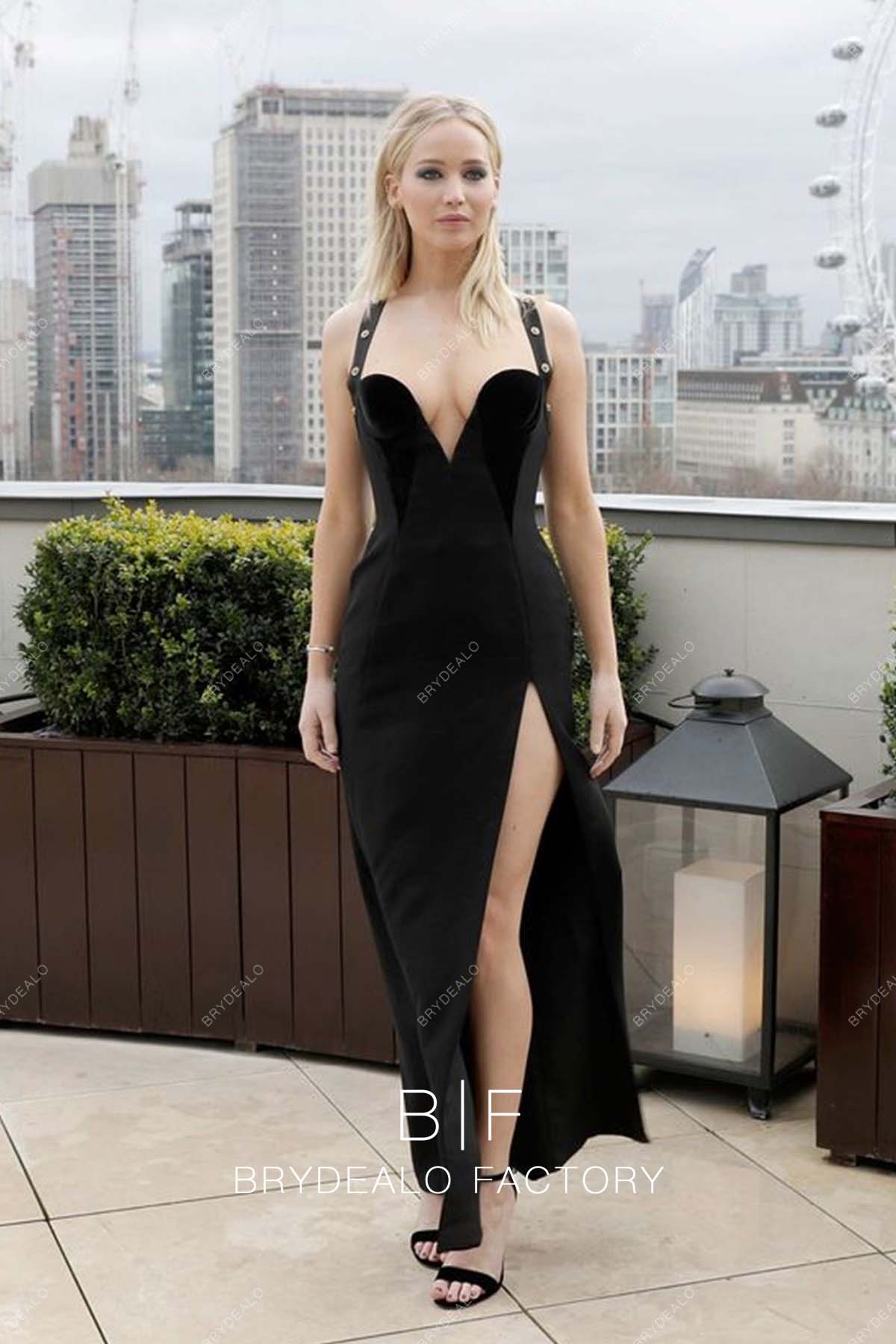 Jennifer Lawrence Long Black Plunging Neck Halter Prom Evening Dress Jennifer Lawrence Long Black Plunging Neck Halter Prom Evening Dress