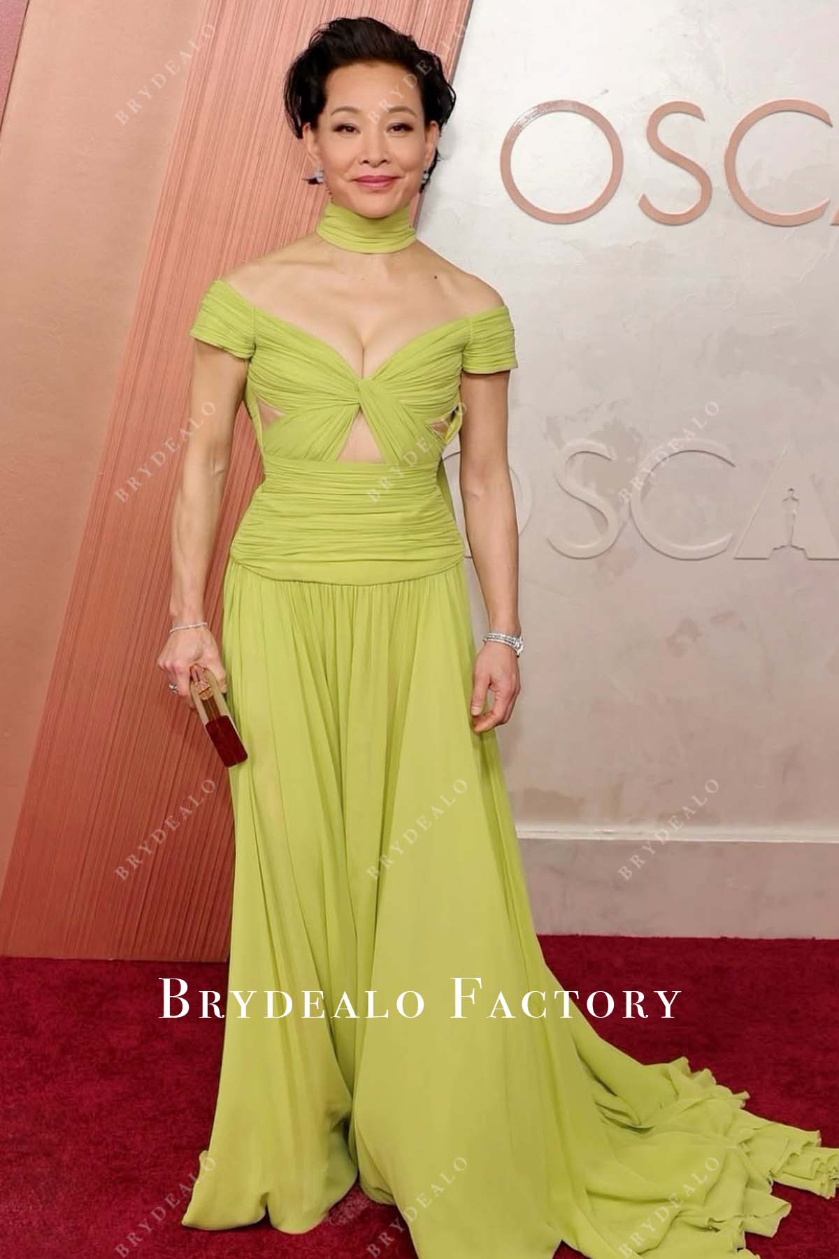 Joan Chen 2025 Oscars Green Chiffon Off-Shoulder Gown