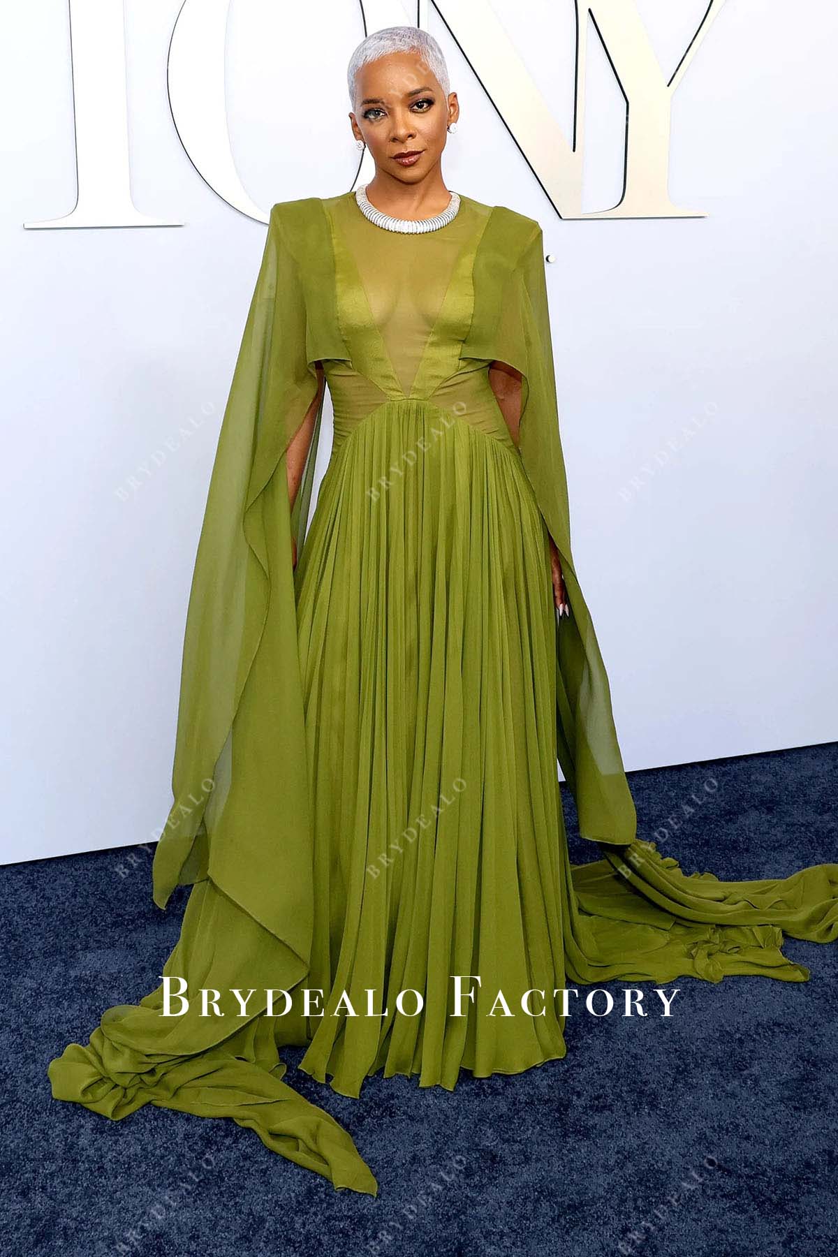 chinese dress ladies Kara Young 2024 Tony Awards Moss Chiffon Cape Dress