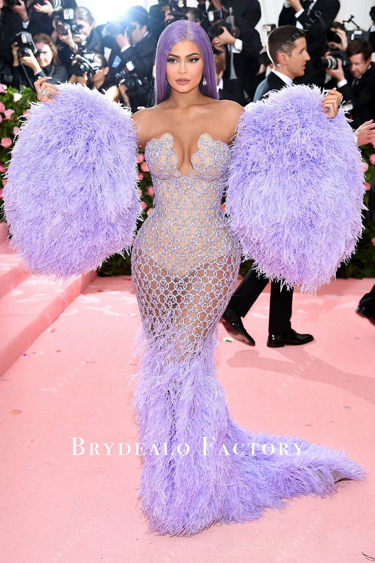 purple feather dress Kylie Jenner Lilac Feather Mermaid Celebrity Dress 2019 Met Gala