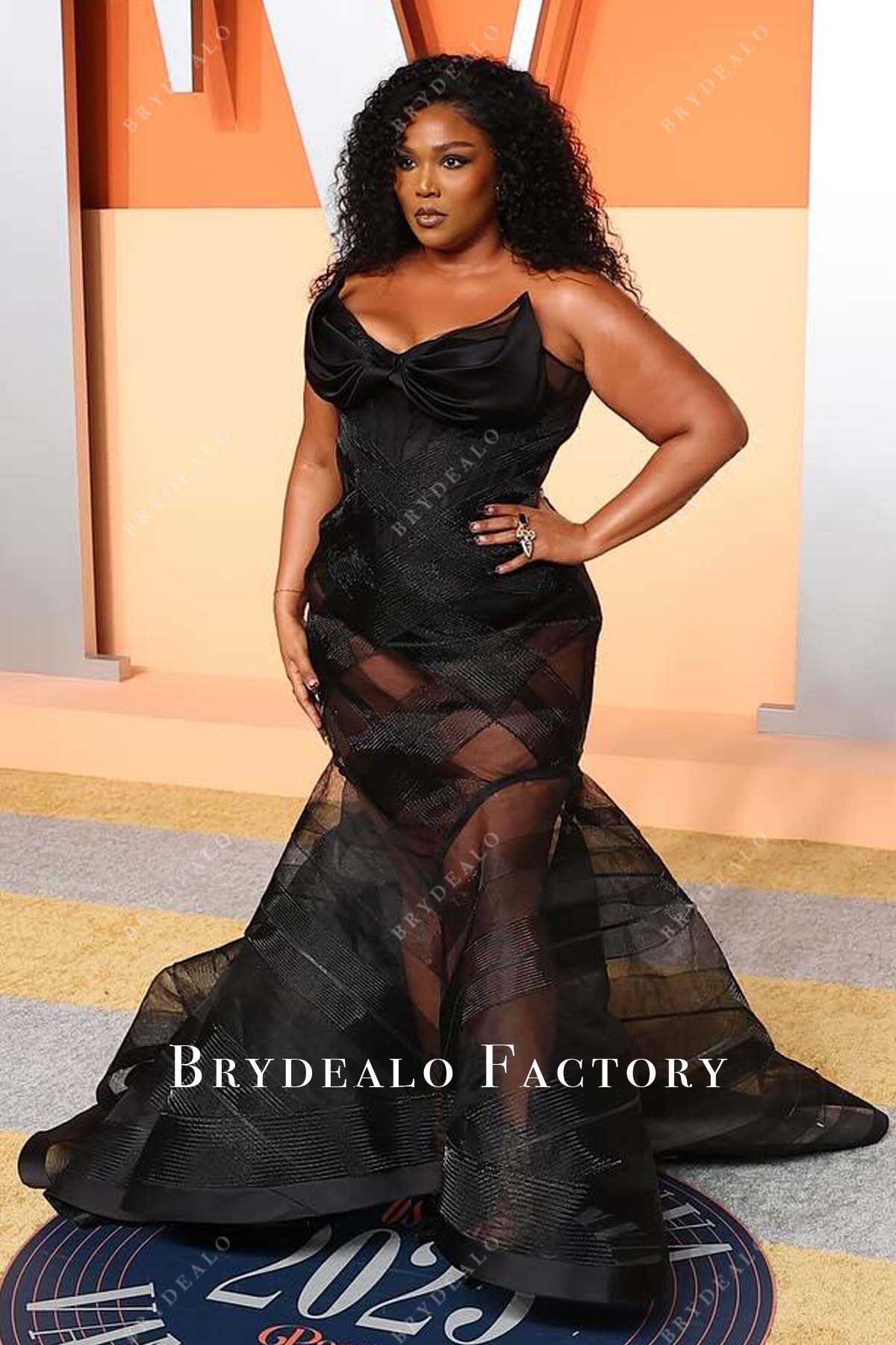 Lizzo black 2025 Vanity fair illusion train party dress