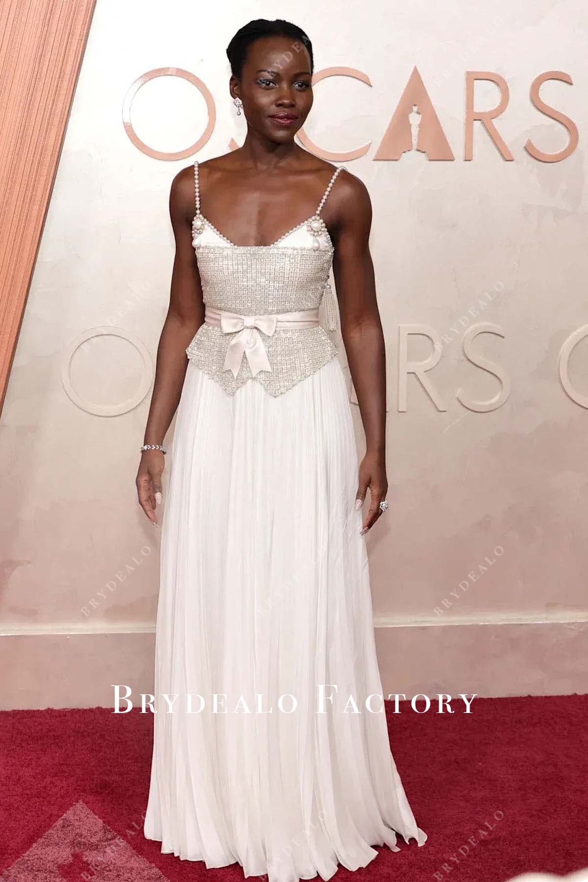 Lupita Nyong’o Pearl Beaded 2025 Oscars Chiffon Prom Dress