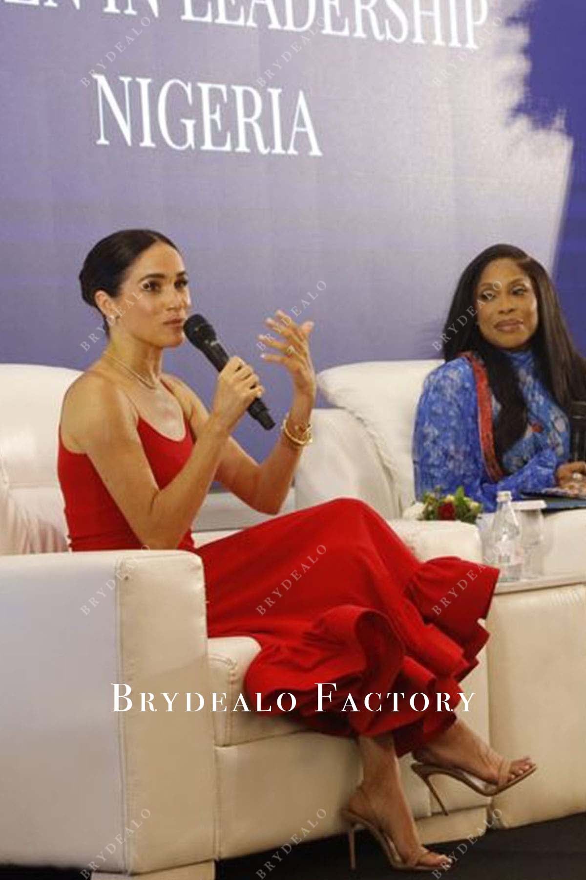 fitted lace wedding dress Meghan Markle Women in Leadership Event 2024 Red Dress
