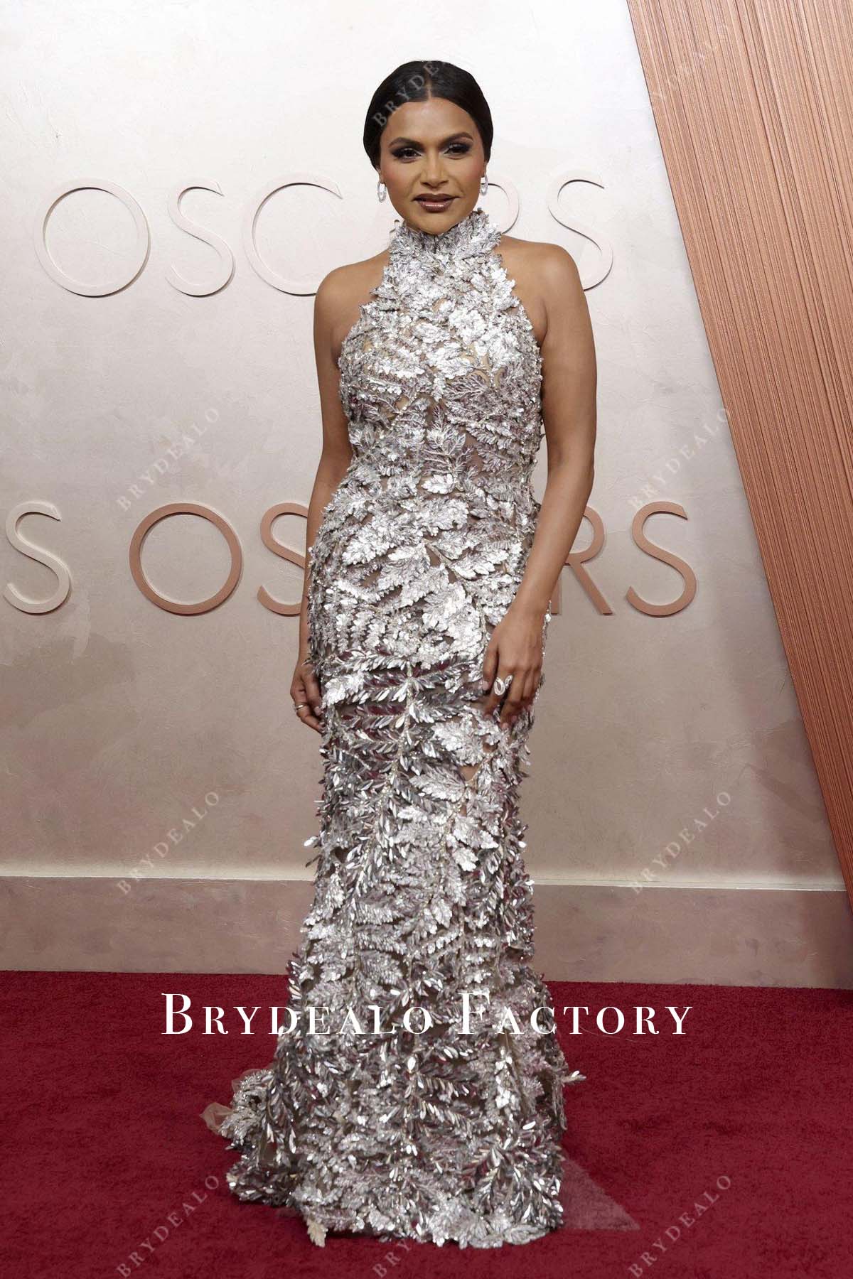 Mindy Kaling silver sequined 2025 Oscars red carpet dress
