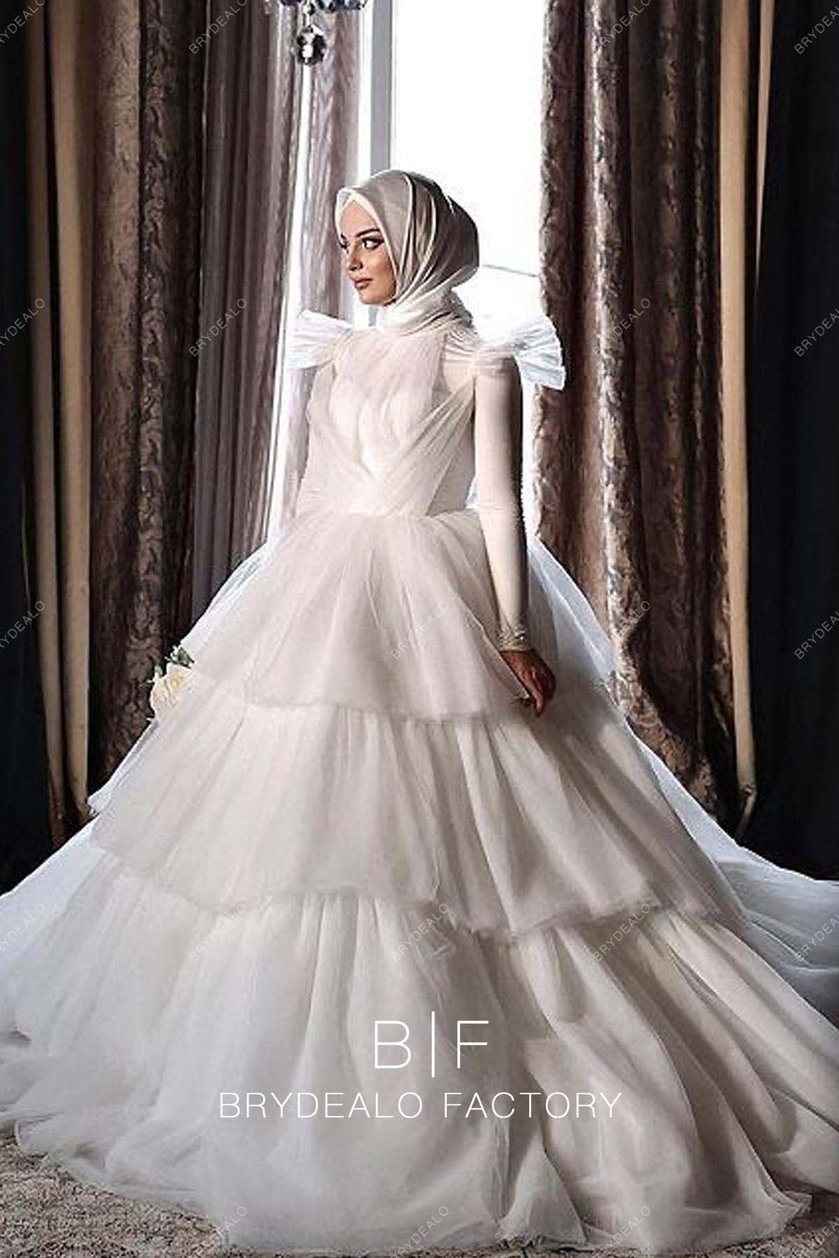 Hijab Wedding Dress Muslimah Designer Long Sleeves Tiered Tulle Muslim Ball Gown Bridal Dress Hijab Wedding Dress Muslimah Designer Long Sleeves Tiered Tulle Muslim Ball Gown Bridal Dress